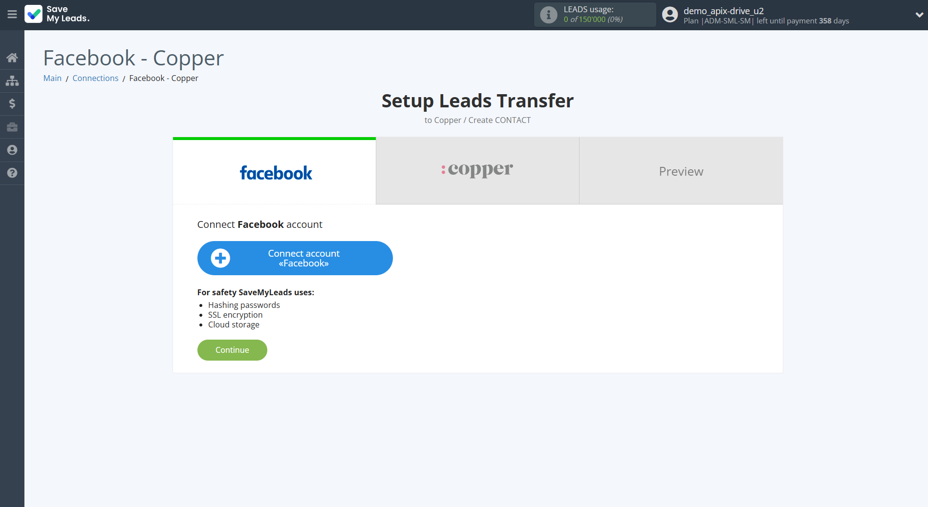 How to Connect Facebook with Copper Create Contacts | Data Source account connection