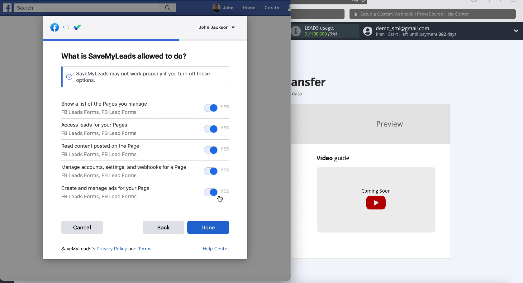 How to Automatically Send Data to ProveSource from Facebook Leads | Turn on all access checkboxes