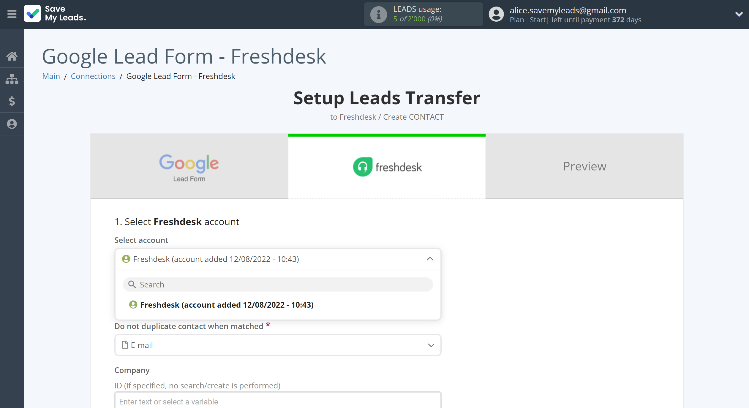 How to Connect Google Lead Form with Freshdesk Create Contacts | Data Destination account selection