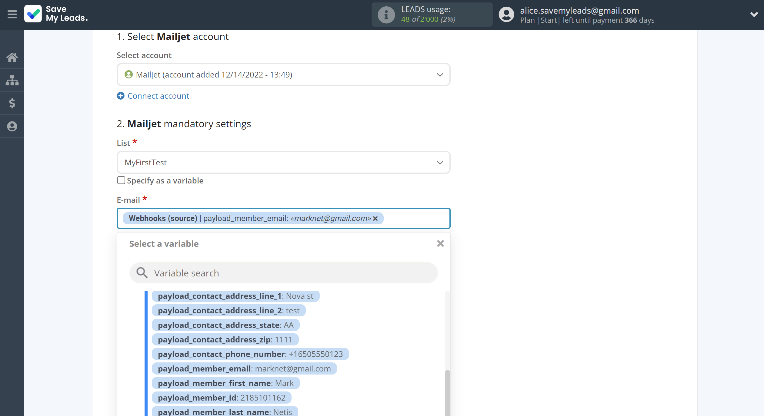 How to Connect Webhooks with Mailjet | Assigning fields