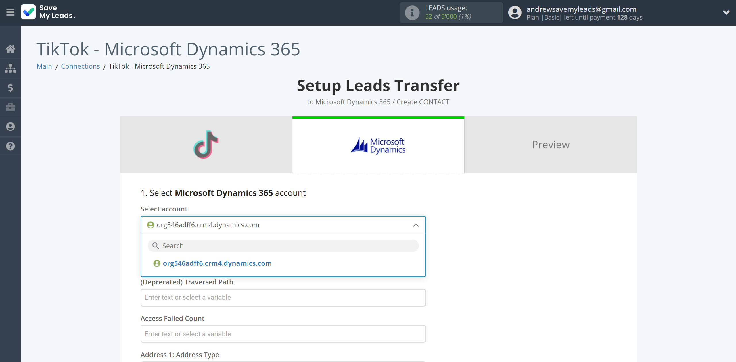 How to Connect TikTok with Microsoft Dynamics 365 Create Contacts | Data Destination account selection