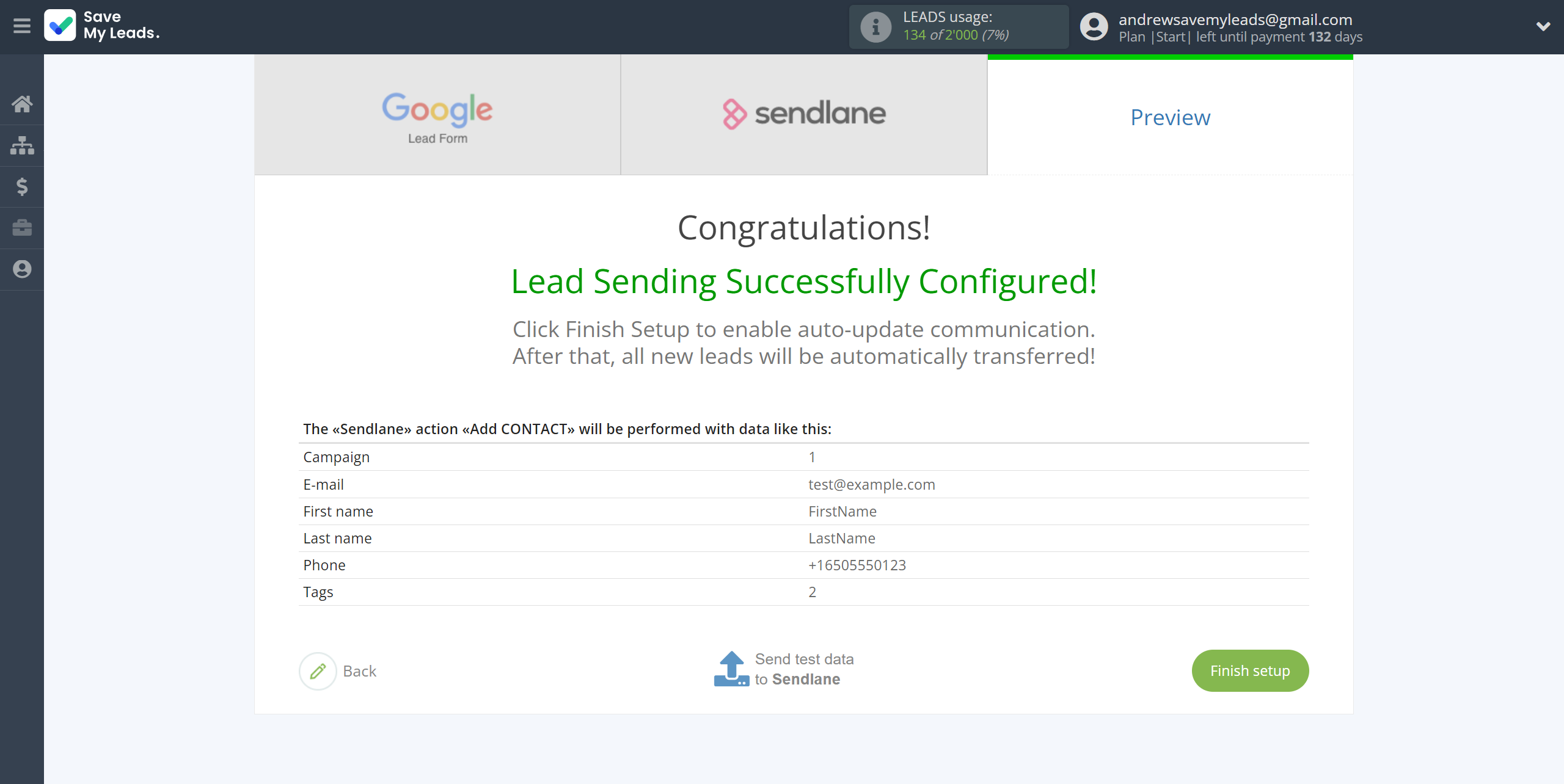How to Connect Google Lead Form with Sendlane Add Contacts | Test data