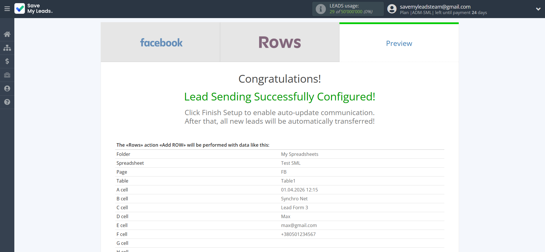 How to Connect Facebook with Rows Add Row | Test data