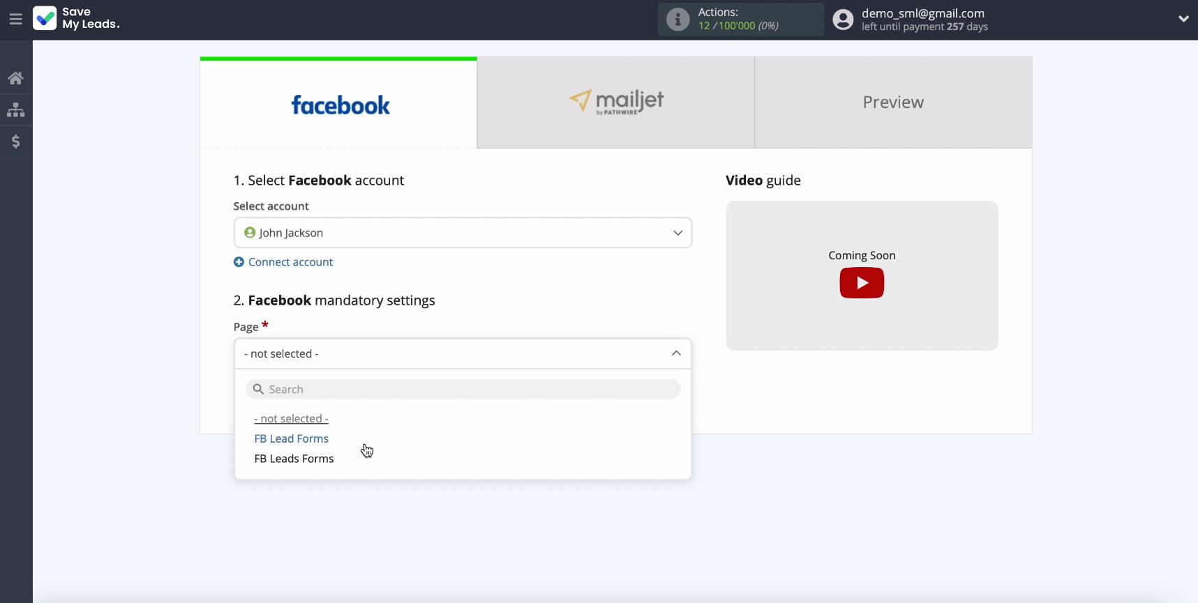 Facebook and Mailjet integration | Select a page&nbsp;