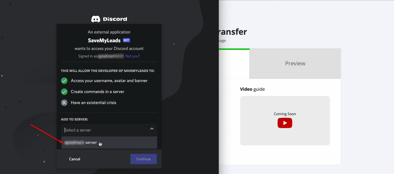 Facebook and Discord integration | Select the server
