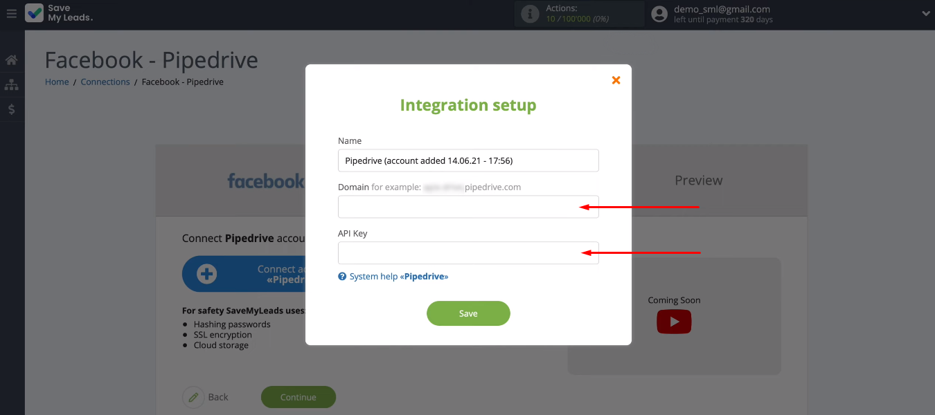 Facebook and Pipedrive integration | Fields to fill Facebook and Pipedrive integration | Fields to fill