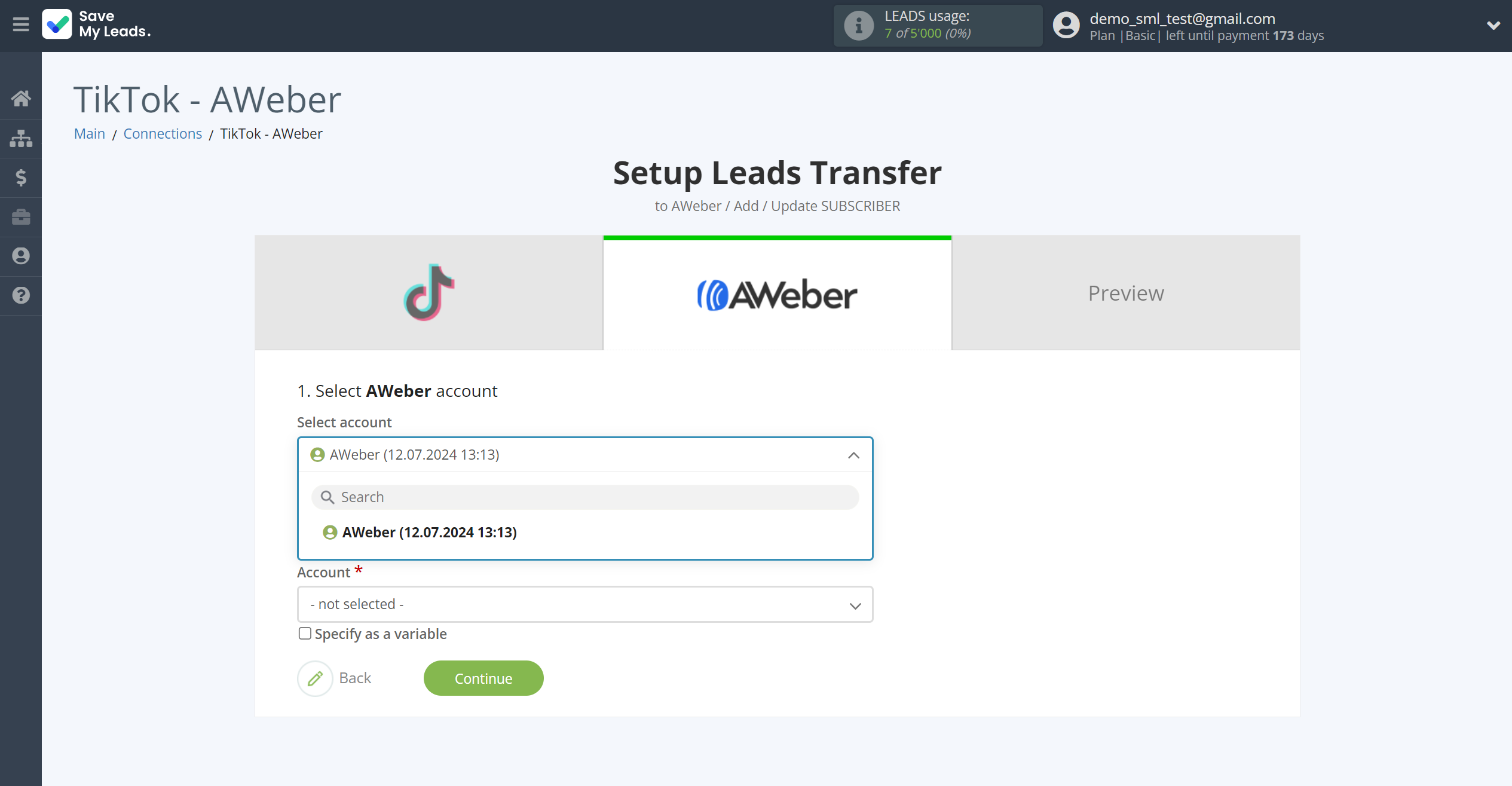 How to Connect TikTok with AWeber | Data Destination account selection