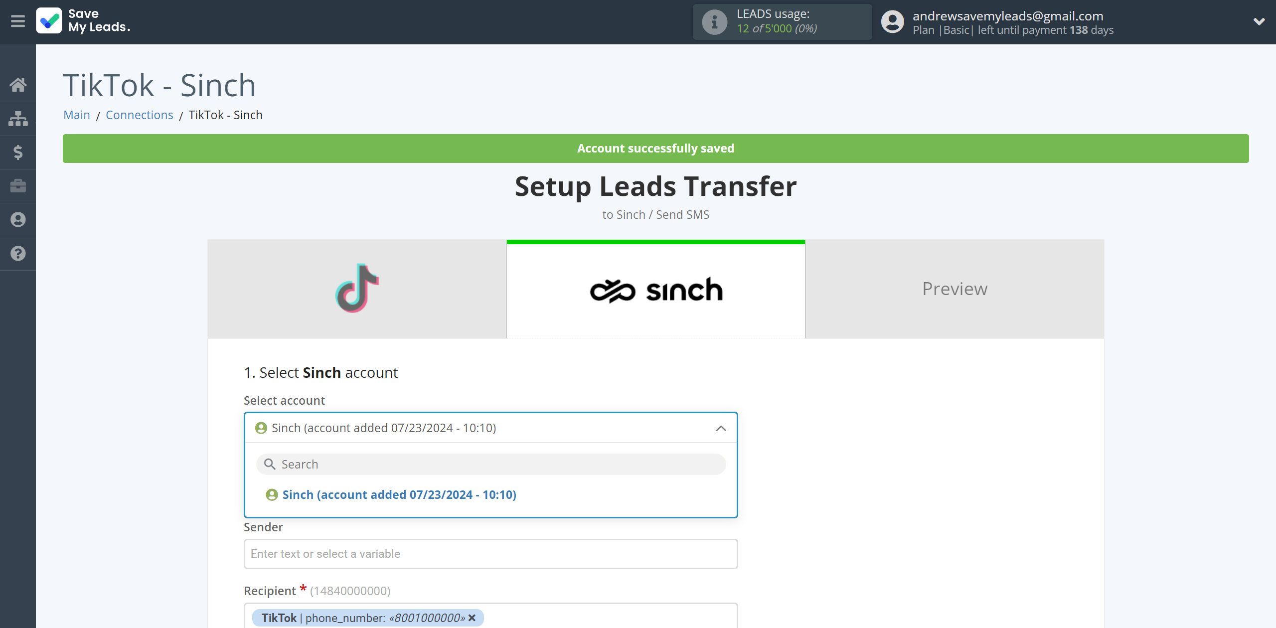 How to Connect TikTok with Sinch | Data Destination account selection