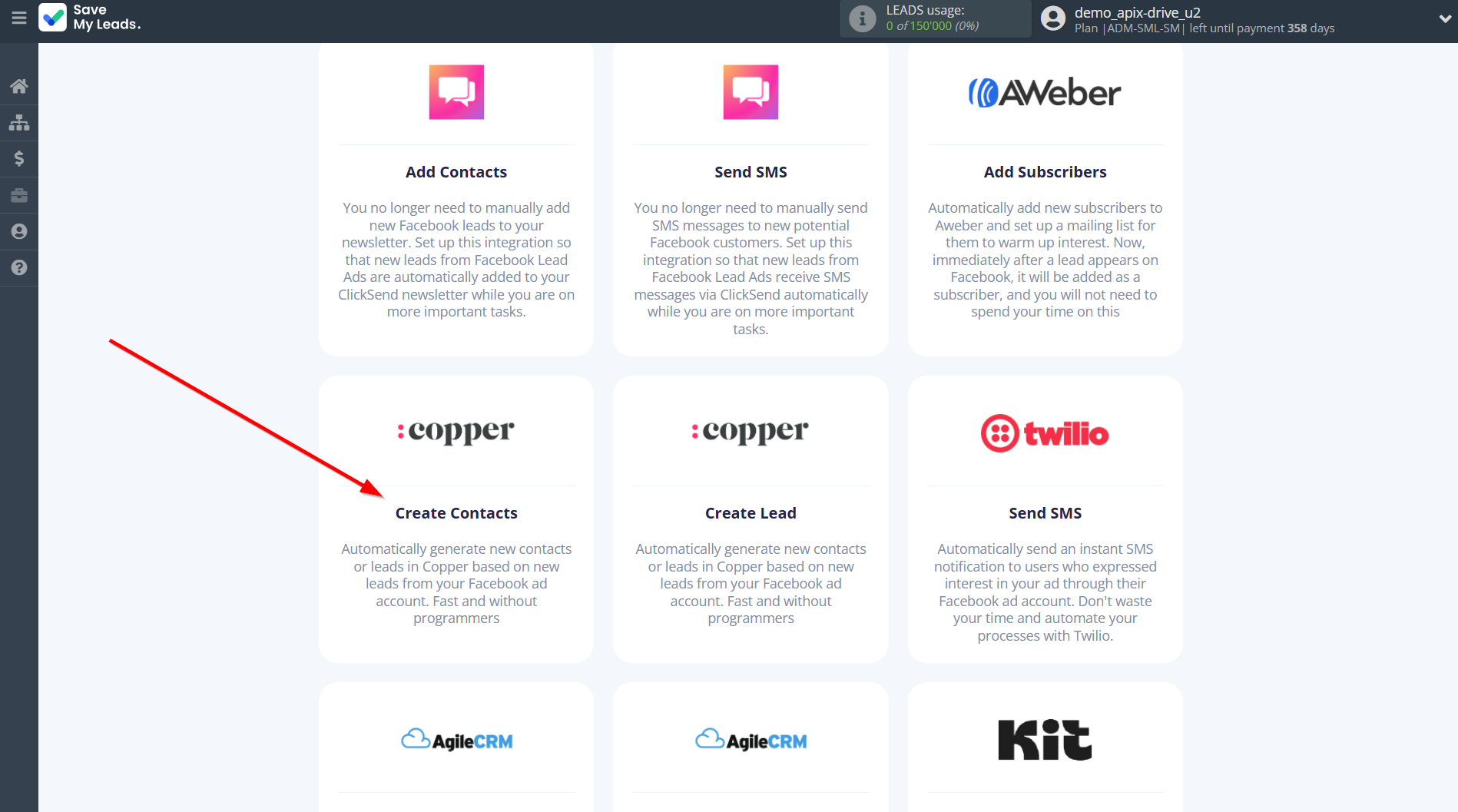 How to Connect Facebook with Copper Create Contacts | Data Destination system selection