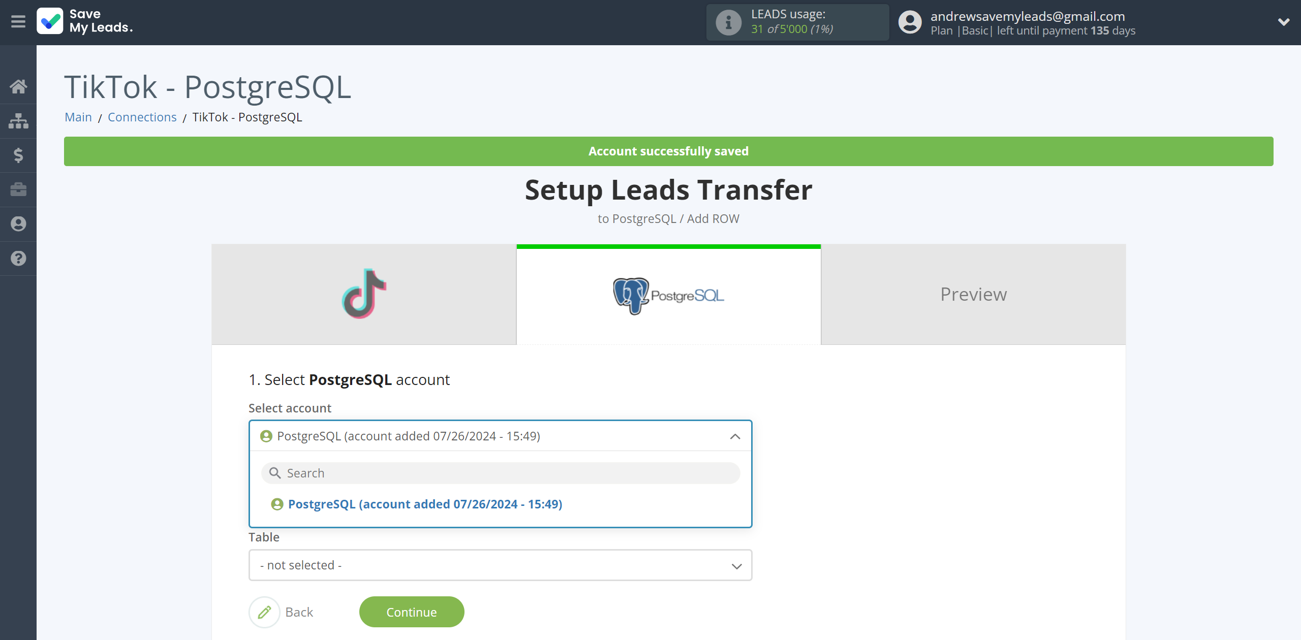 How to Connect TikTok with PostgreSQL | Data Destination account selection