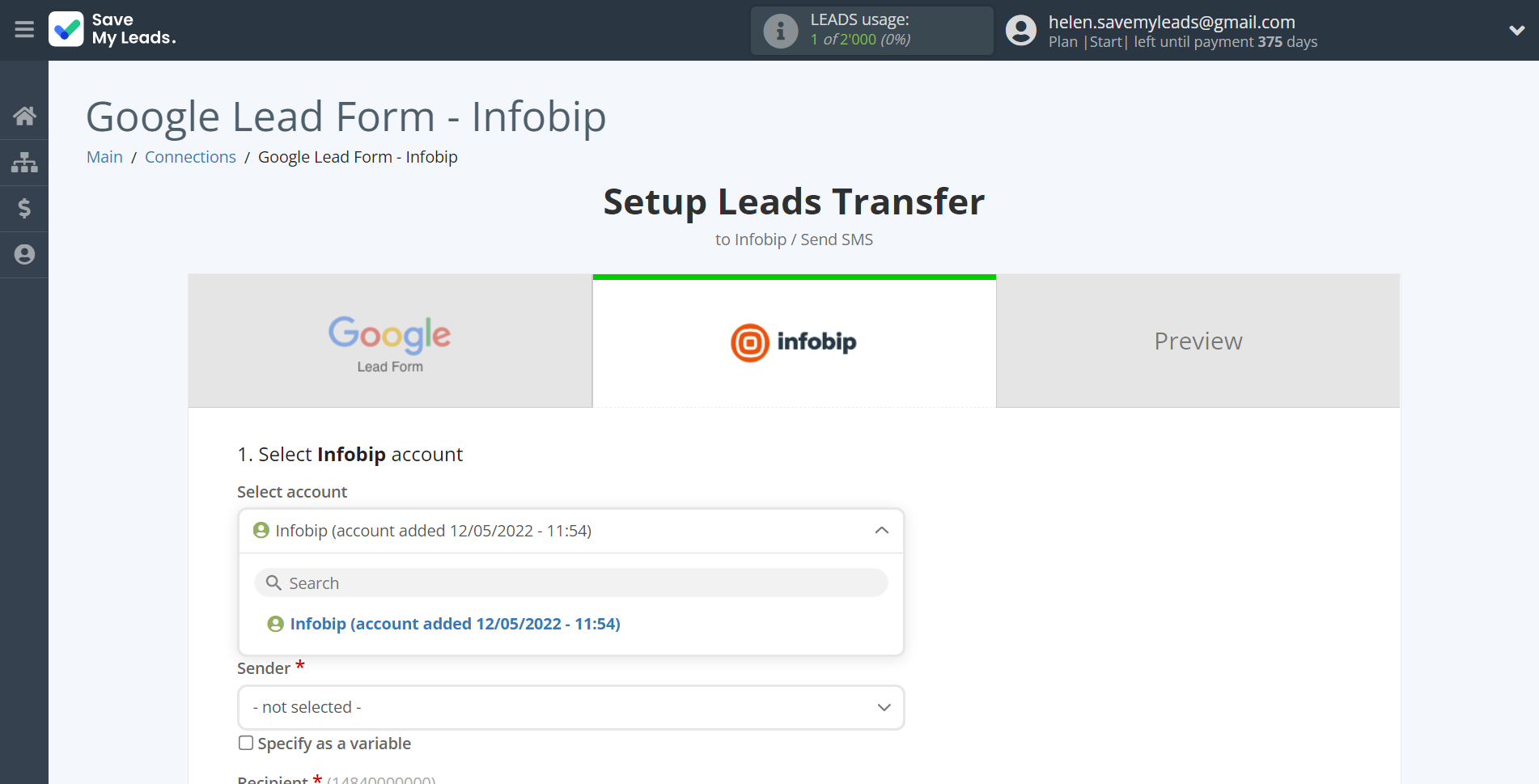 How to Connect Google Lead Form with Infobip | Data Destination account selection