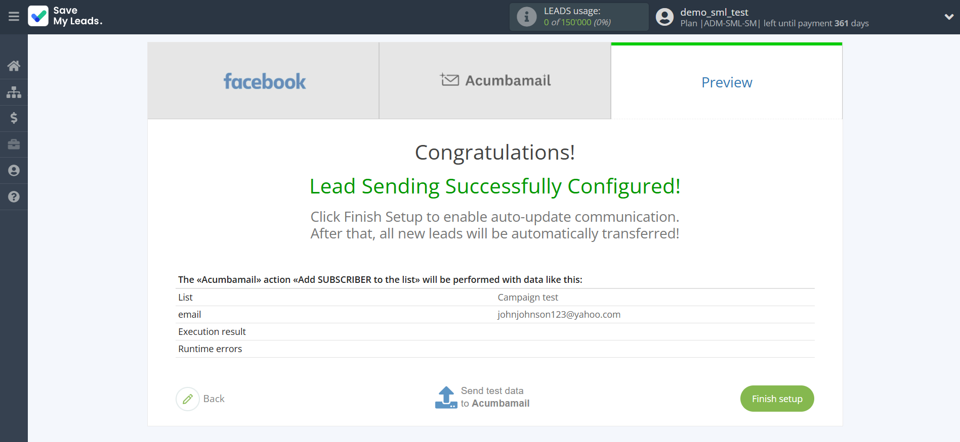 How to Connect Facebook with Acumbamail Add Subscribers | Test data