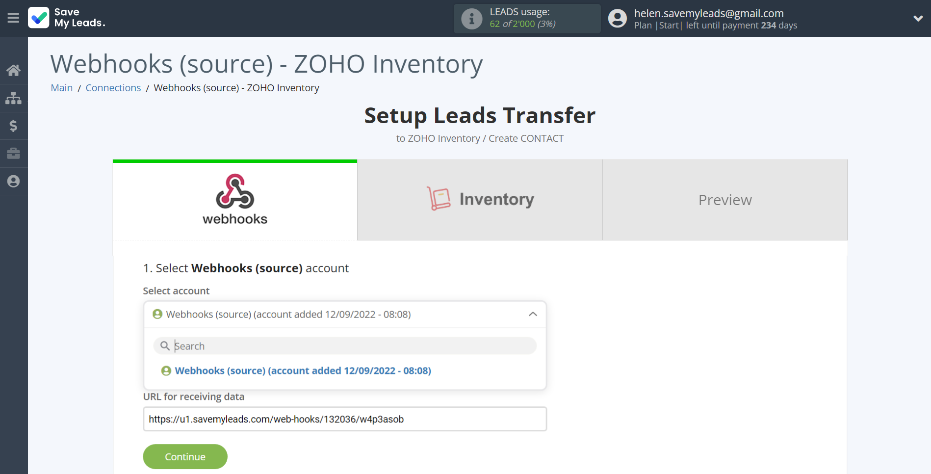 How to Connect Webhooks with Zoho Inventory Create Contacts | Data Source account selection