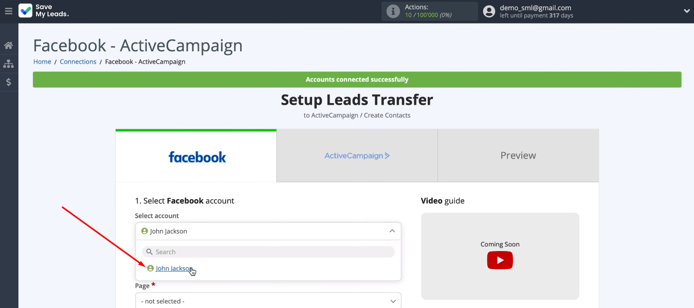 Facebook and ActiveCampaign integration | Select FB account Facebook and ActiveCampaign integration | Select FB account