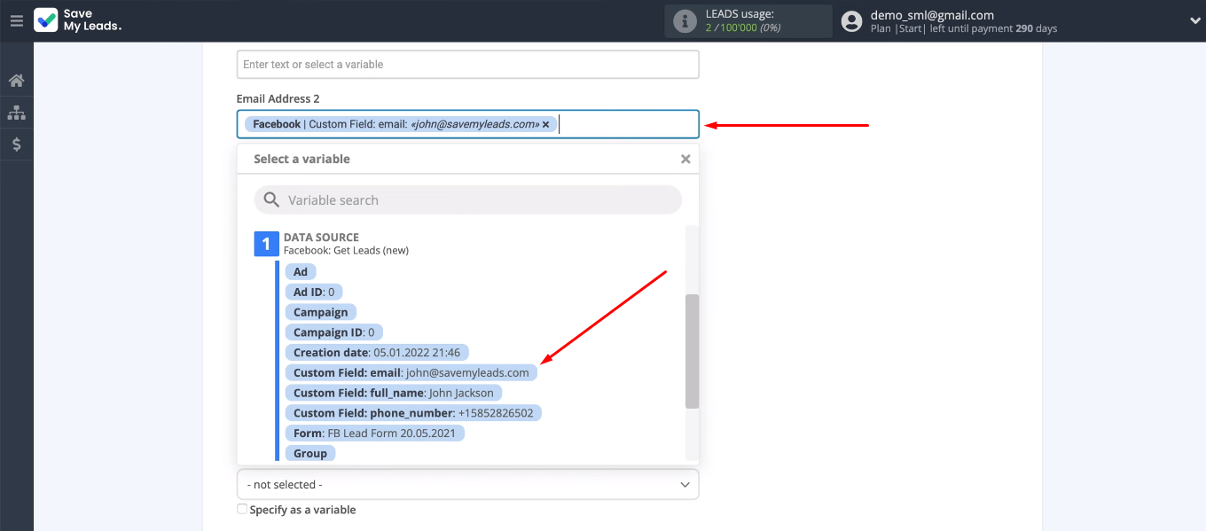 Facebook and Microsoft Dynamics 365 integration | Assign variables to Microsoft Dynamics 365 fields Facebook and Microsoft Dynamics 365 integration | Assign variables to Microsoft Dynamics 365 fields