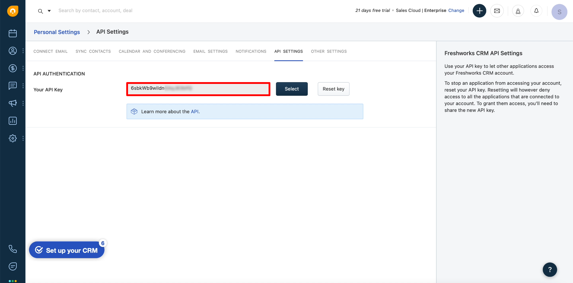 Facebook and Freshworks integration | Copy the API key Facebook and Freshworks integration | Copy the API key
