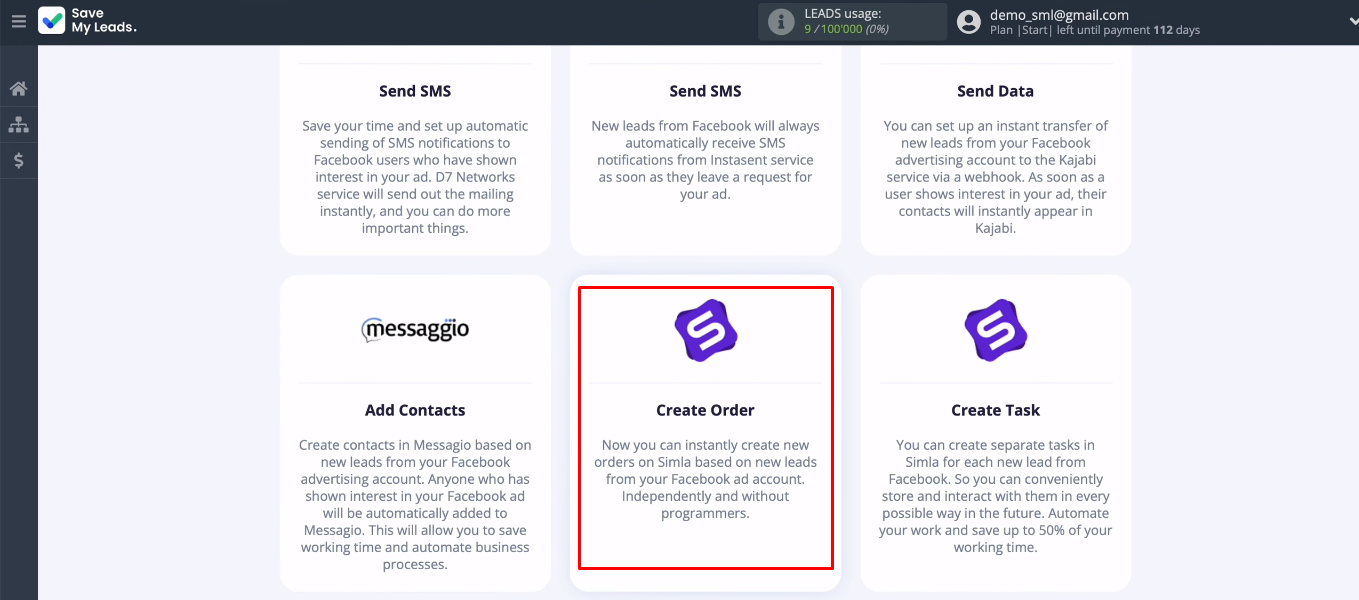 Facebook and Simla integration | Select “Simla (Create Order)” Facebook and Simla integration | Select “Simla (Create Order)”