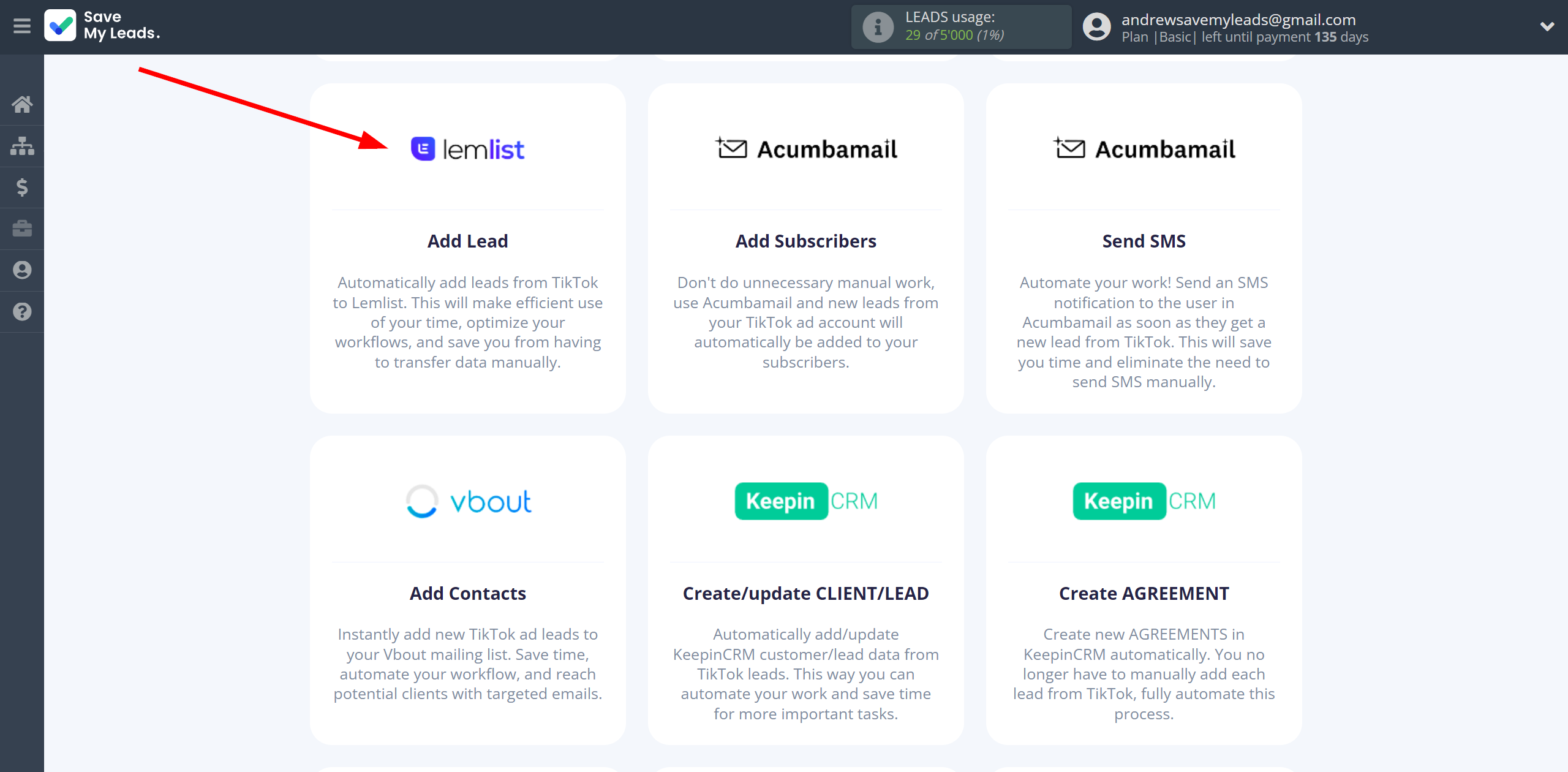 How to Connect TikTok with Lemlist | Data Destination system selection