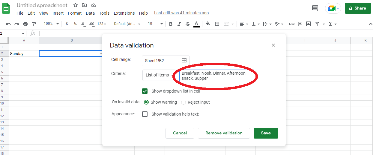 How to Create Drop Down List in Google Sheets | Enter the contents of your drop down list