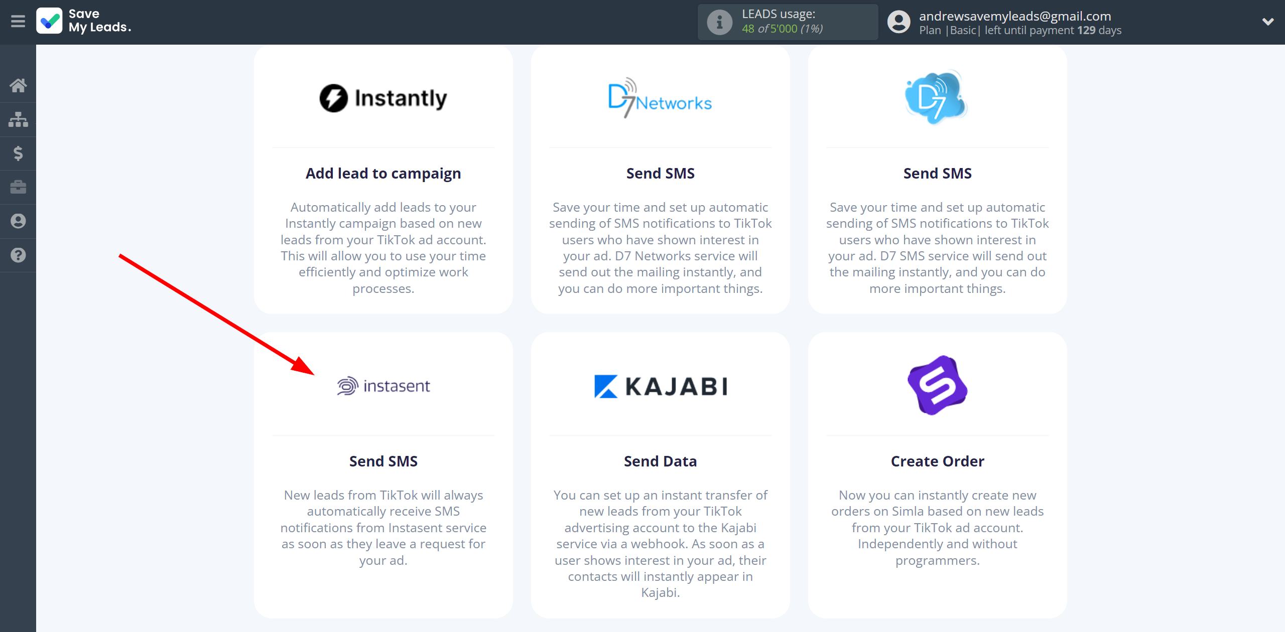 How to Connect TikTok with Instasent | Data Destination system selection