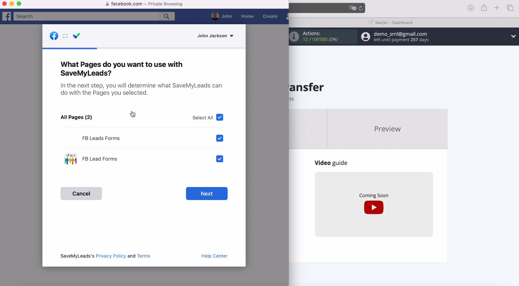 Facebook and Mailjet integration | Check all advertising pages and click next.