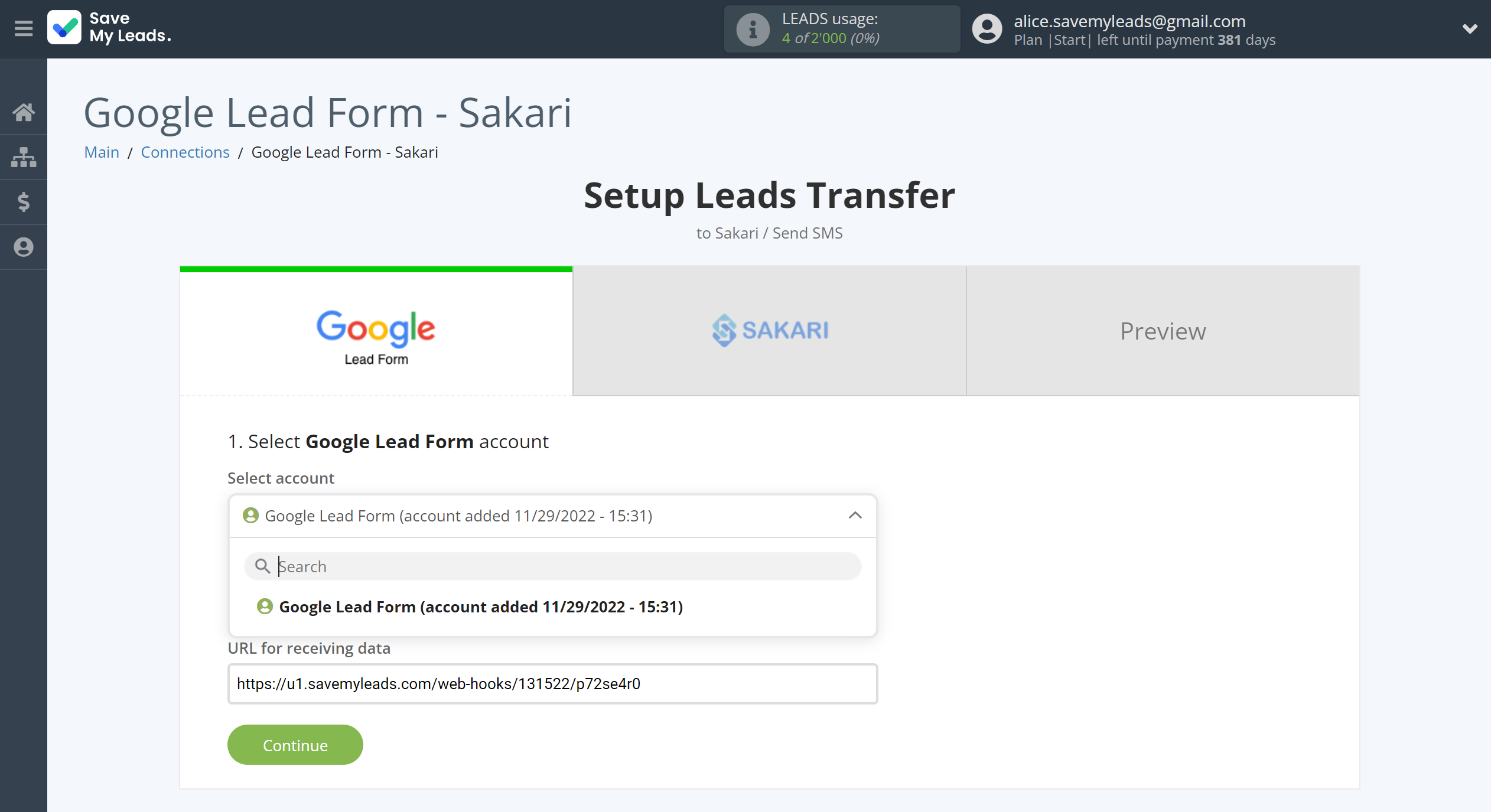 How to Connect Google Lead Form with Sakari | Data Source account selection