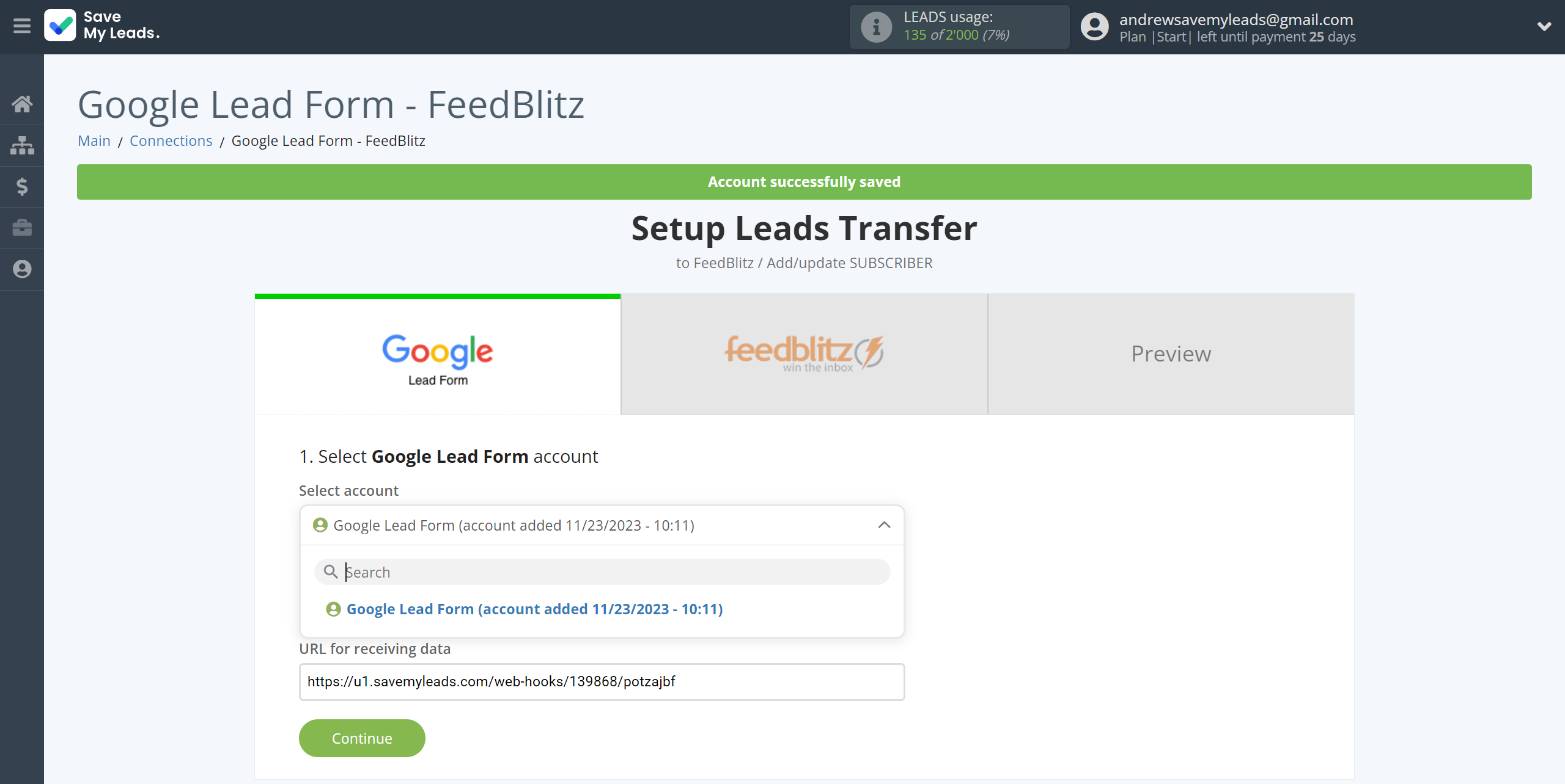 How to Connect Google Lead Form with FeedBlitz | Data Source account selection