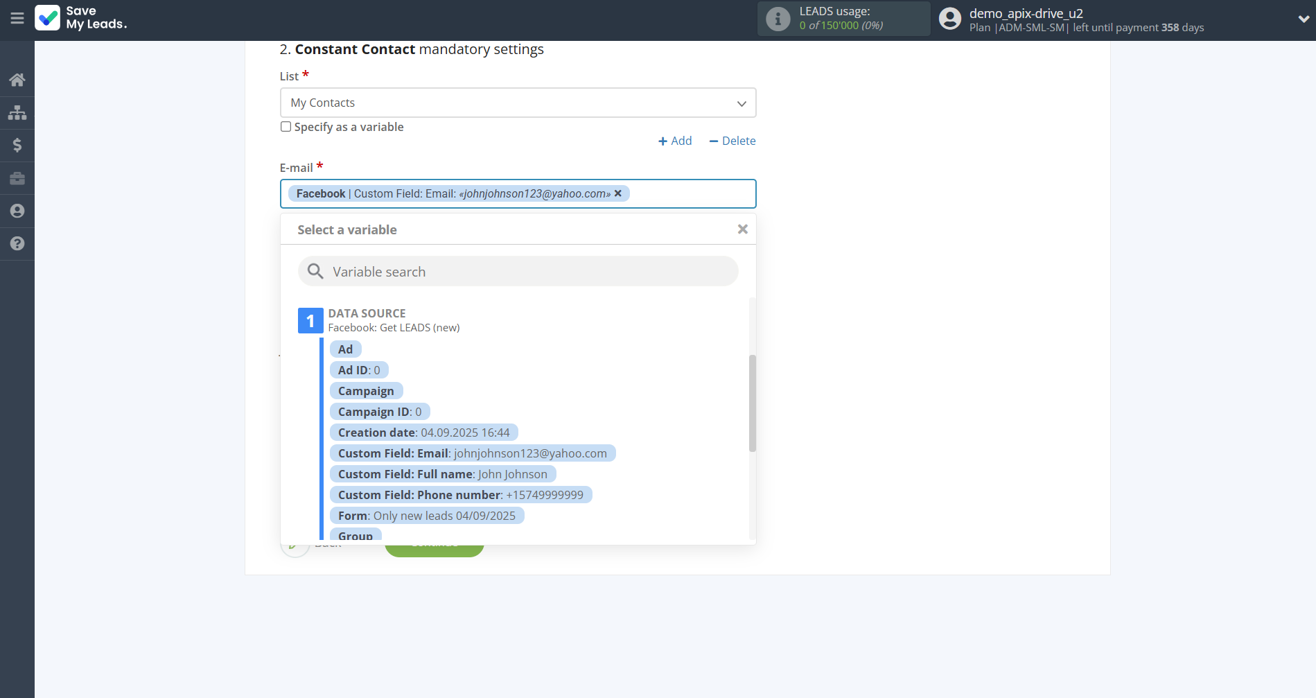 How to Connect Facebook with Constant Contact | Assigning fields