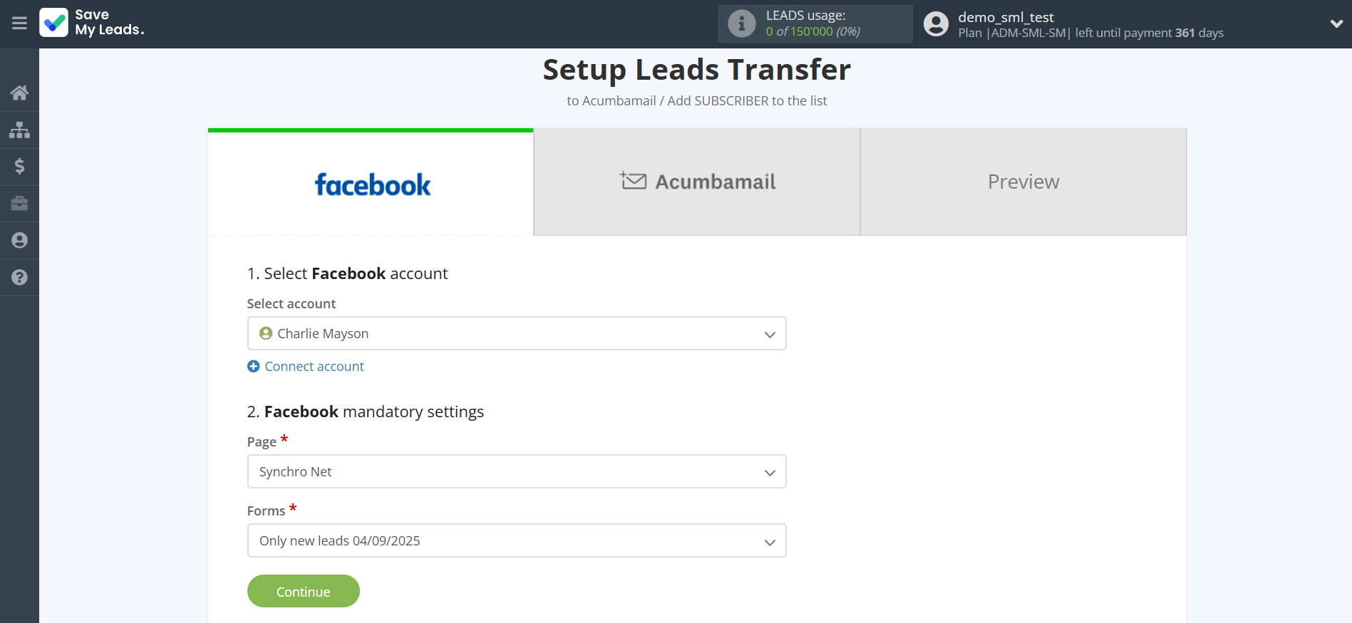 How to Connect Facebook with Acumbamail Add Subscribers | Data Source account connection