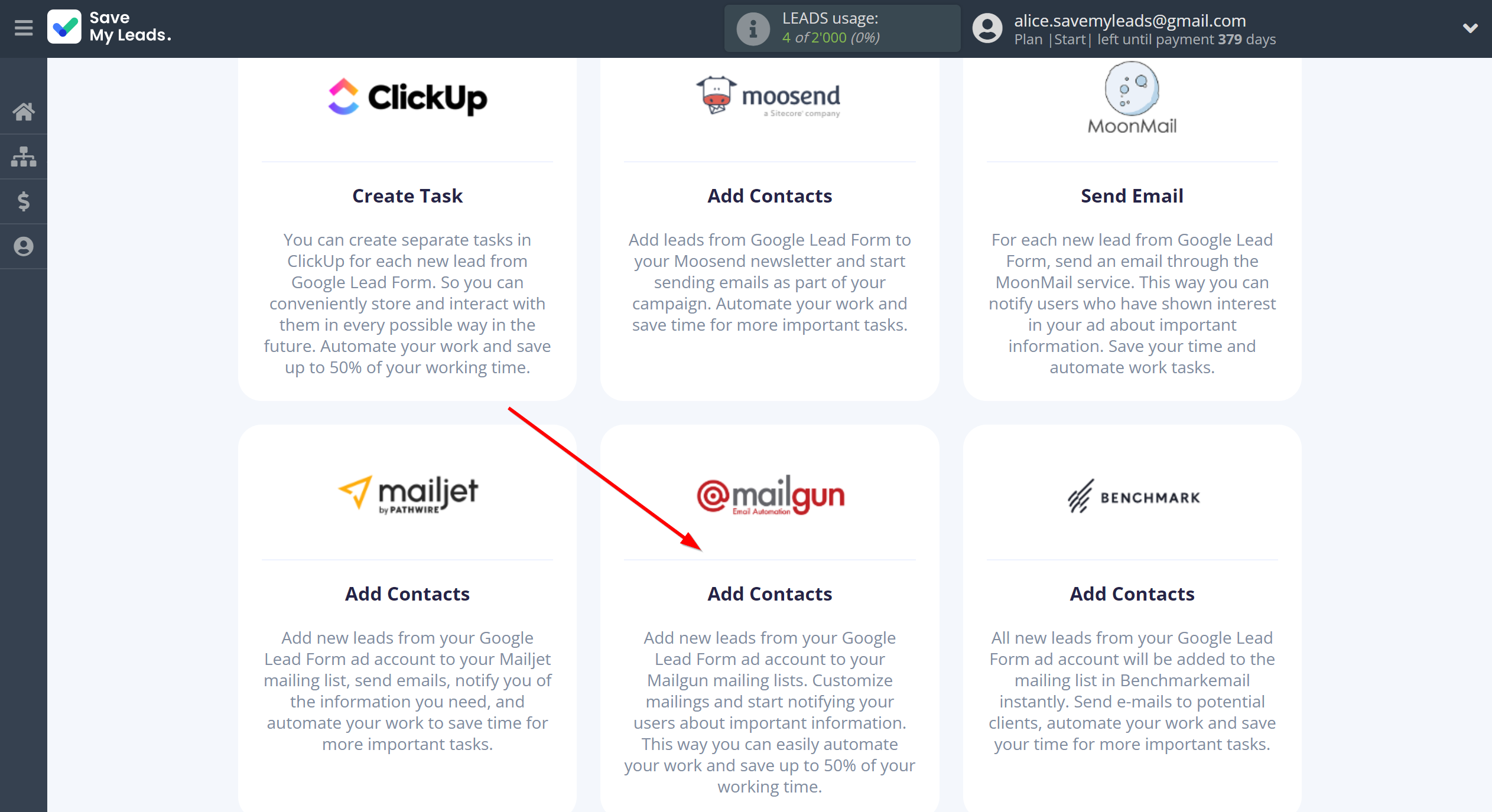 How to Connect Google Lead Form with Mailgun | Data Destination system selection