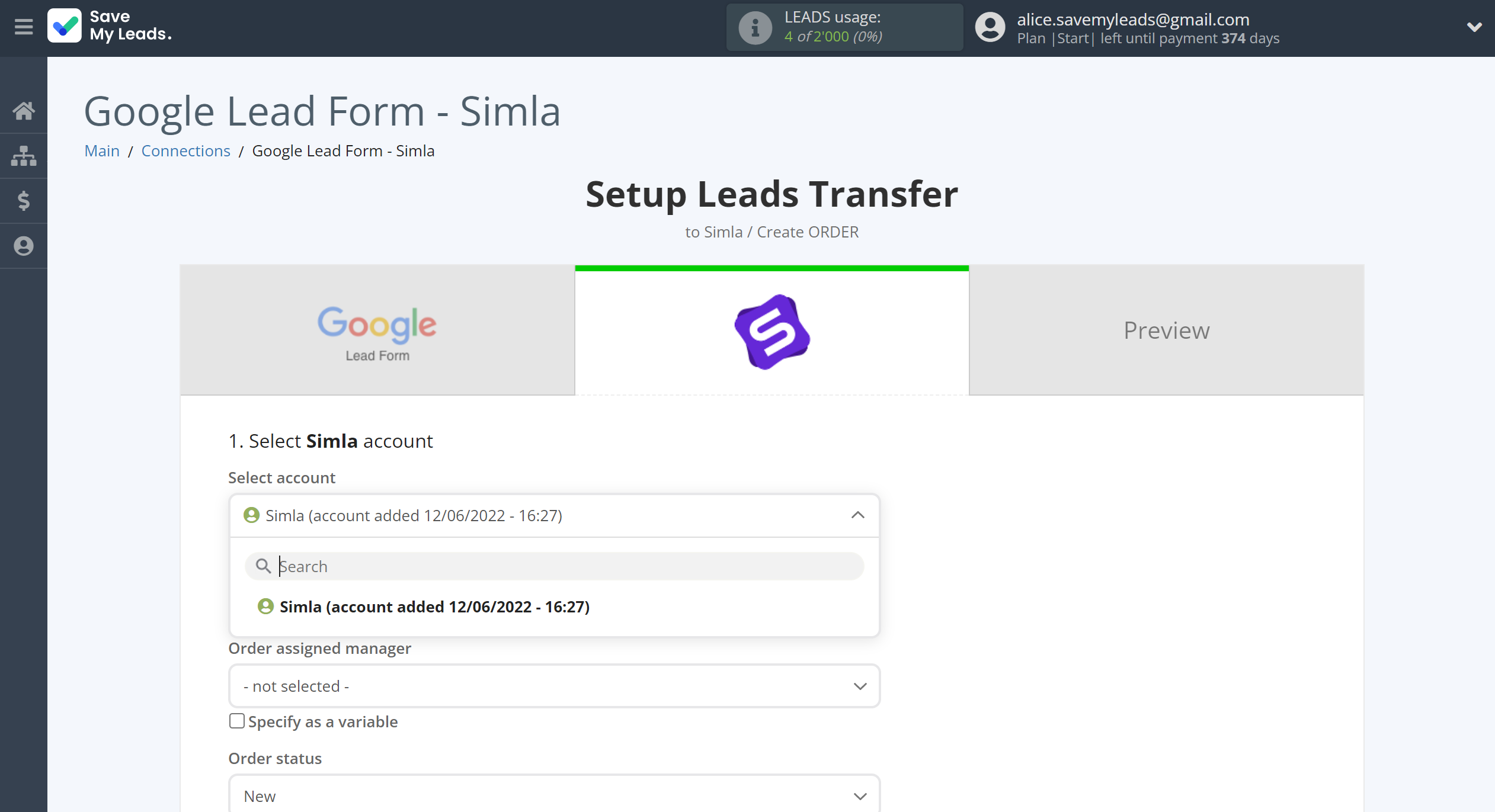 How to Connect Google Lead Form with Simla Create Order | Data Destination account selection