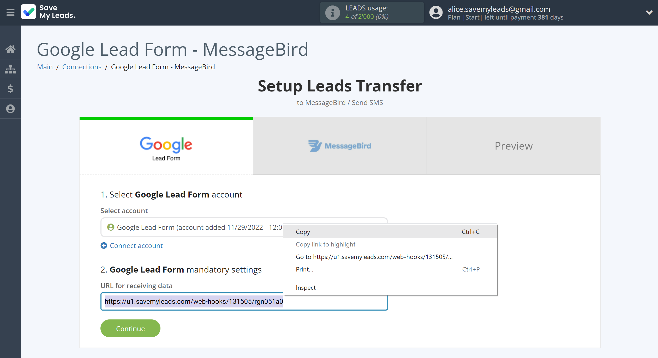 How to Connect Google Lead Form with MessageBird | Data Source account connection