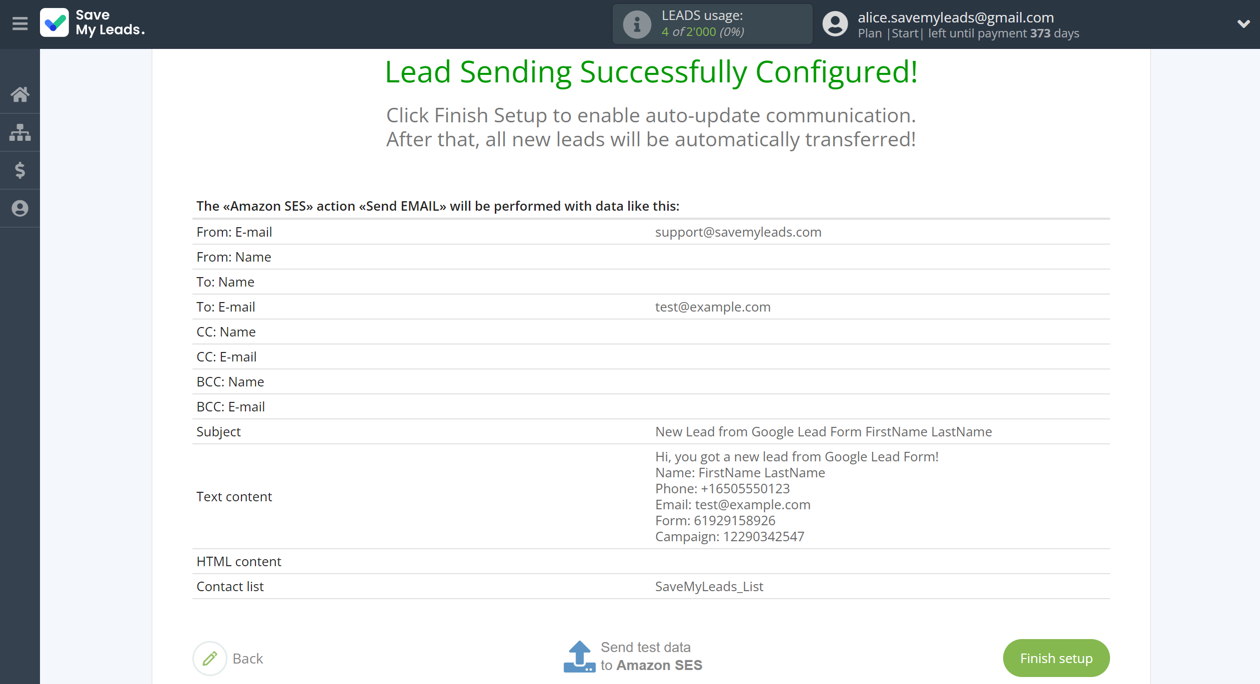 How to Connect Google Lead Form with Amazon SES | Test data