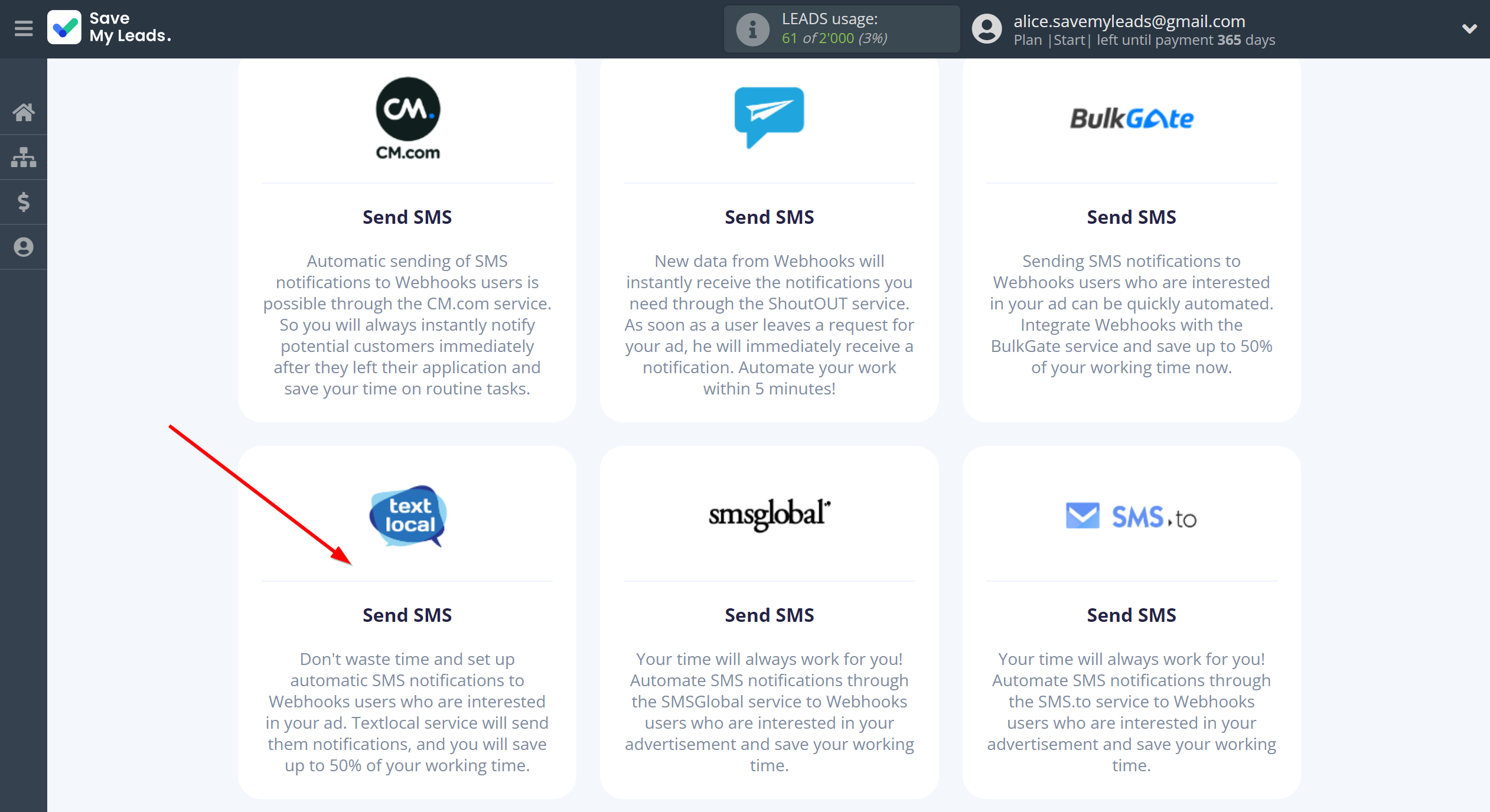 How to Connect Webhooks with Textlocal | Data Destination system selection