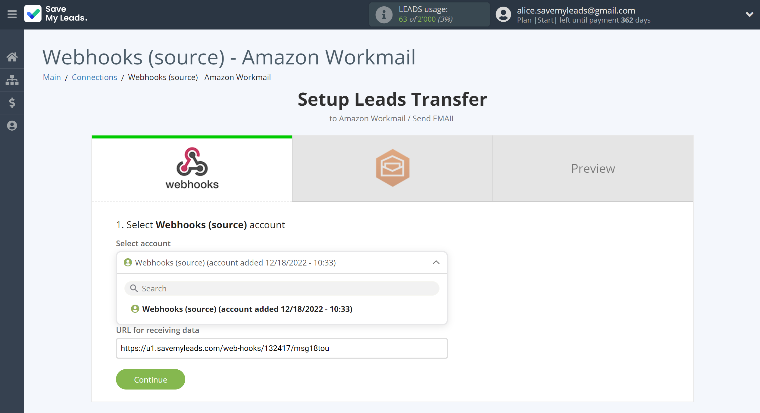 How to Connect Webhooks with Amazon Workmail | Data Source account selection