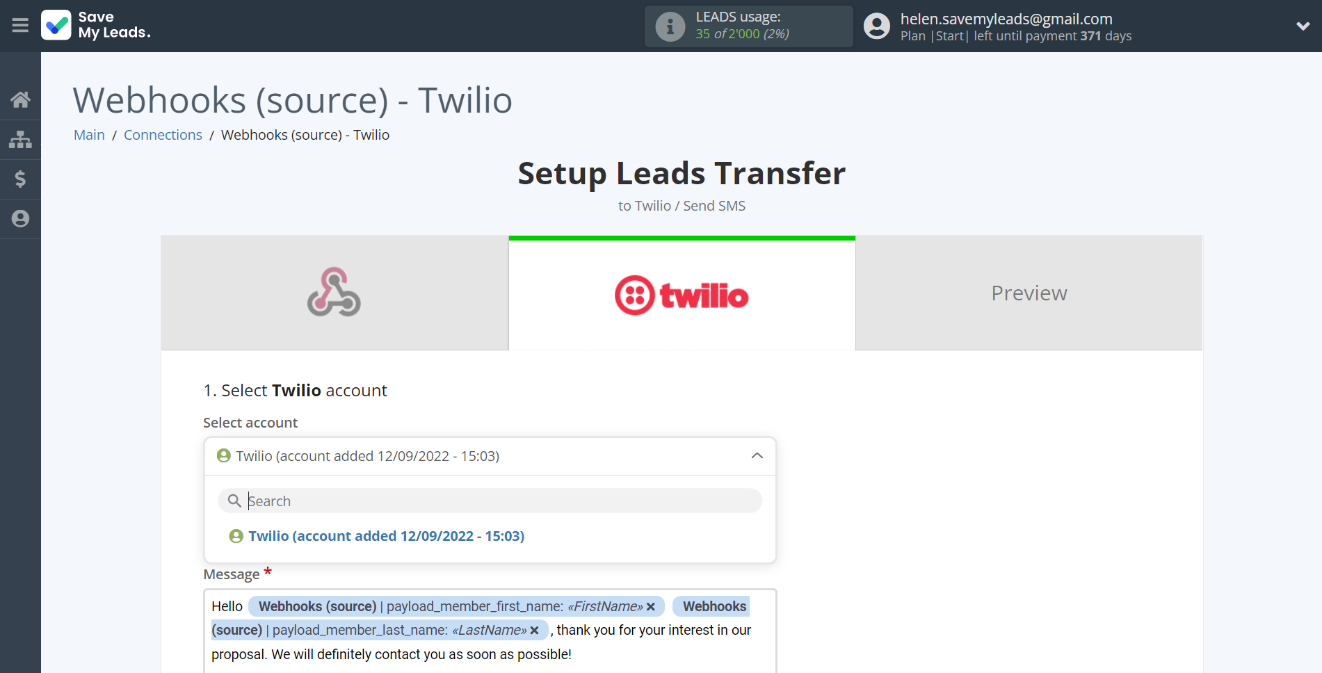 How to Connect Webhooks with Twilio | Data Destination account selection