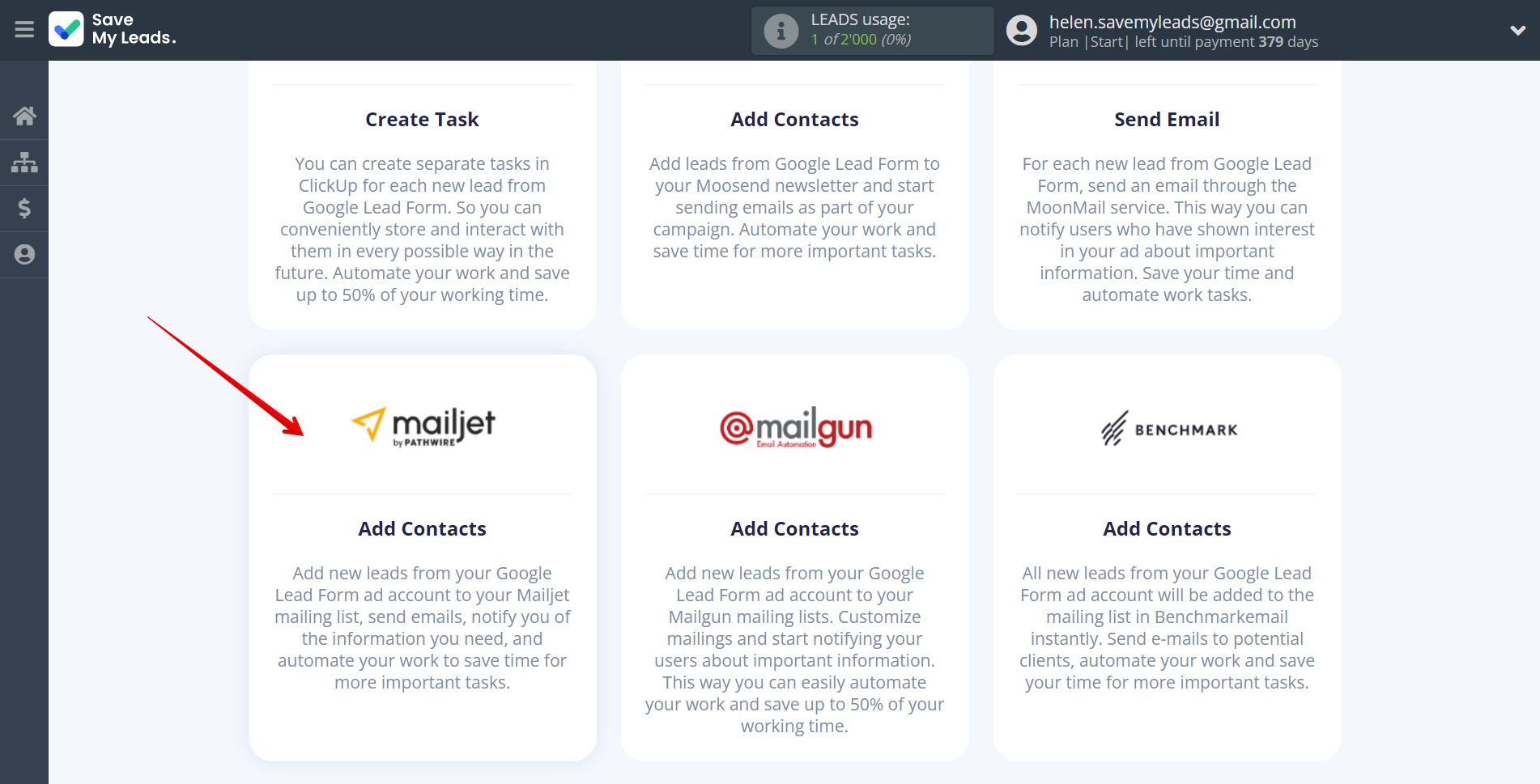 How to Connect Google Lead Form with Mailjet | Data Destination system selection