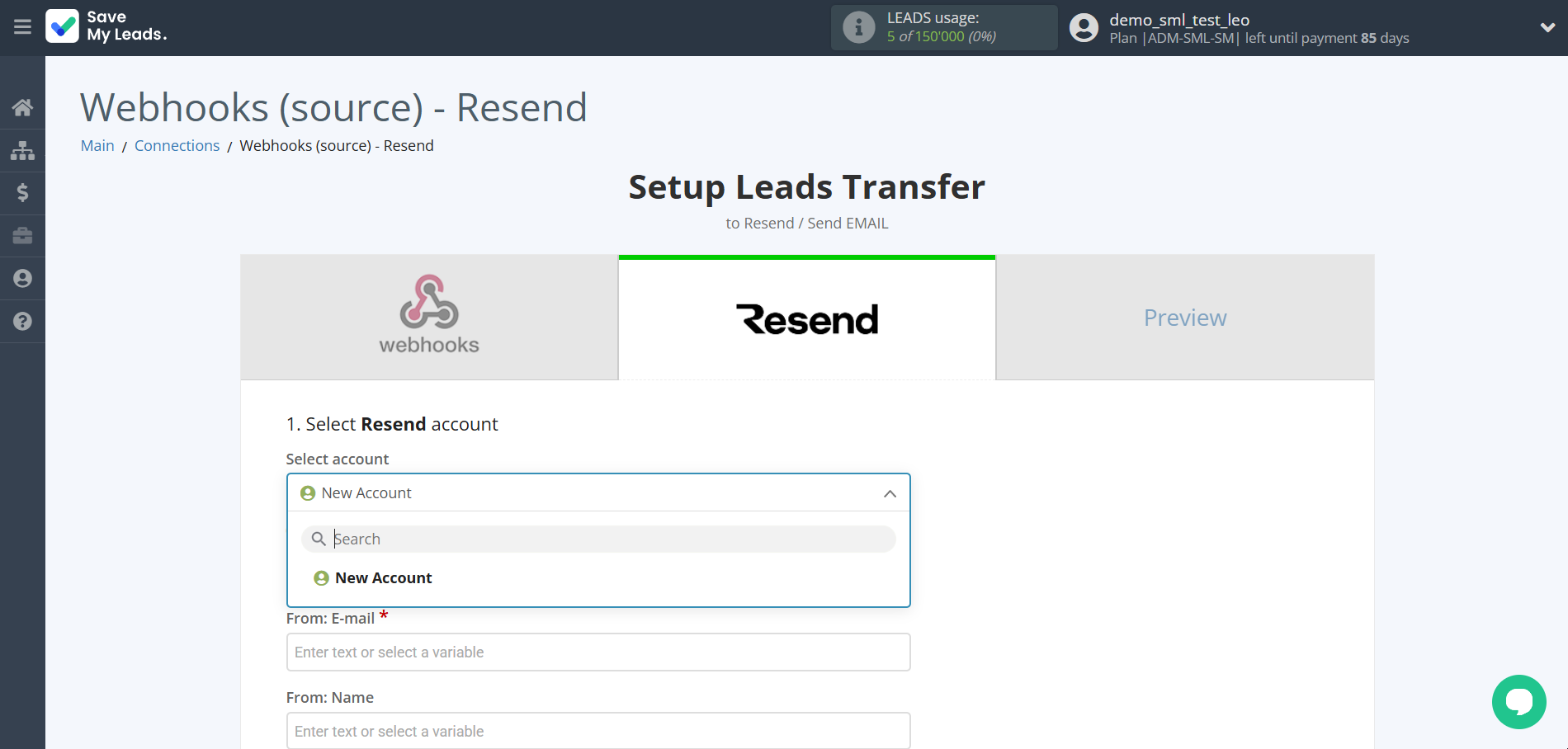 How to Connect Webhooks with Resend (Send Email) | Data Destination account selection
