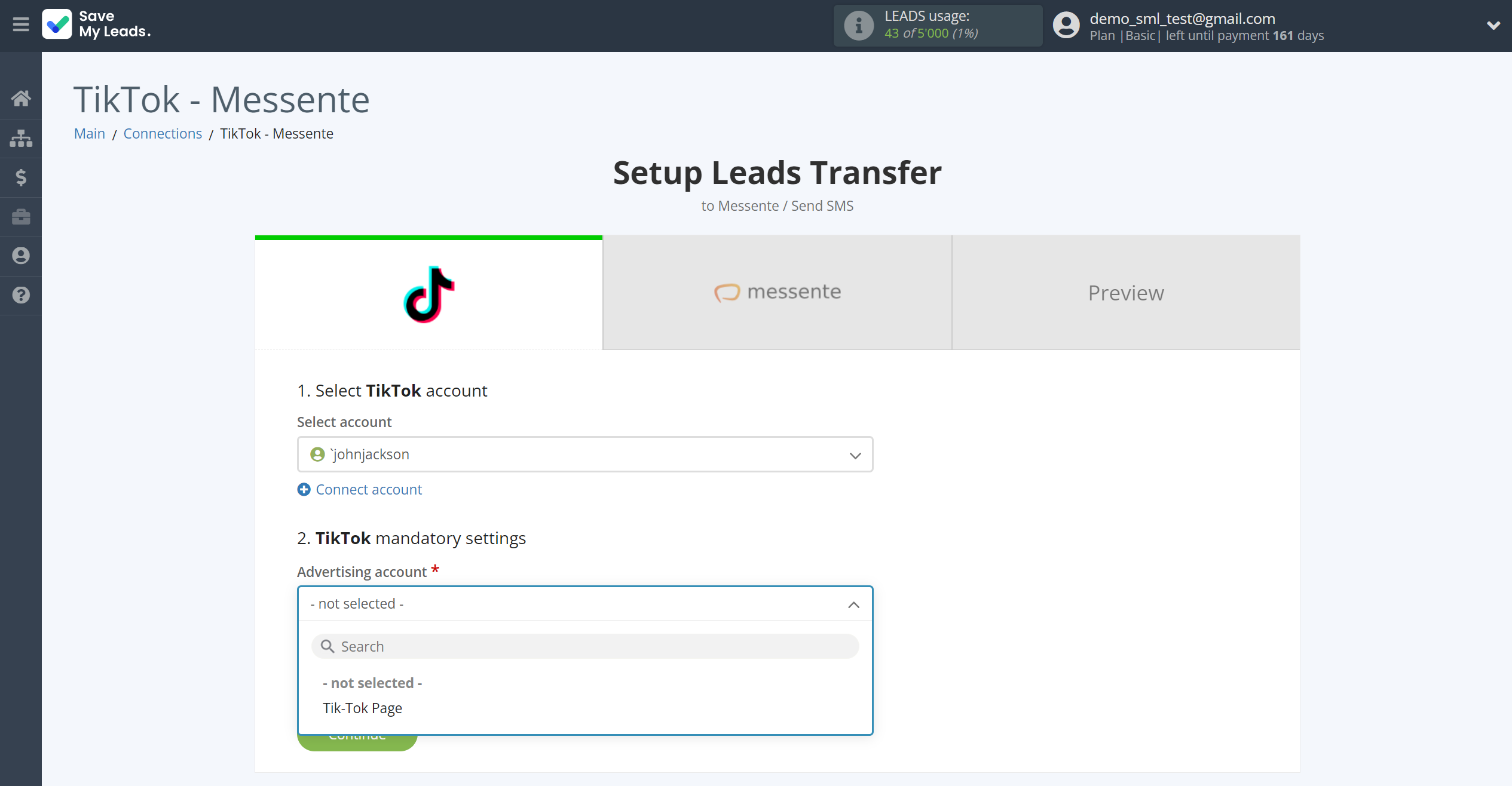 How to Connect TikTok with Messente | Data Source account connection