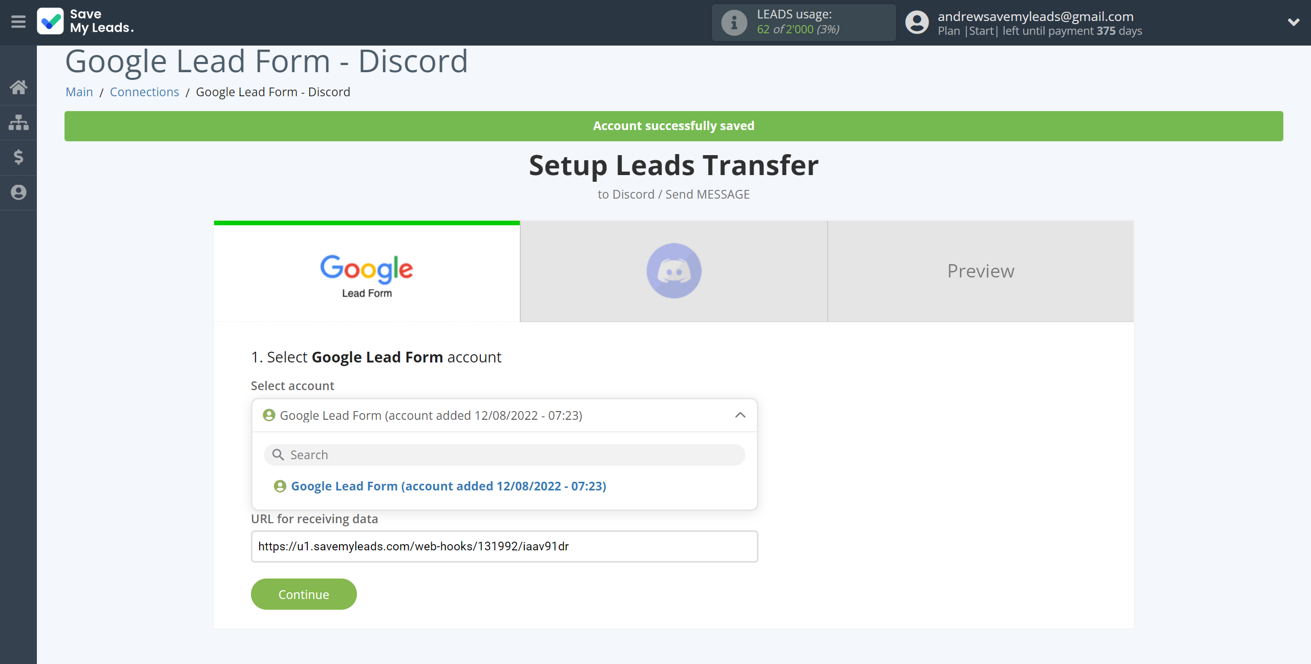 How to Connect Google Lead Form with Discord | Data Source account selection