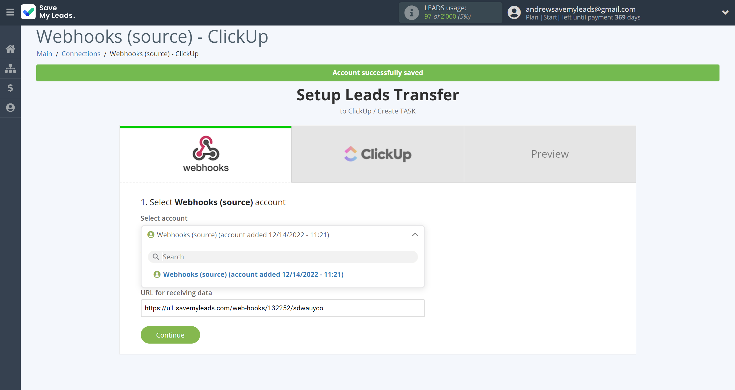 How to Connect Webhooks with ClickUp | Data Source account connection