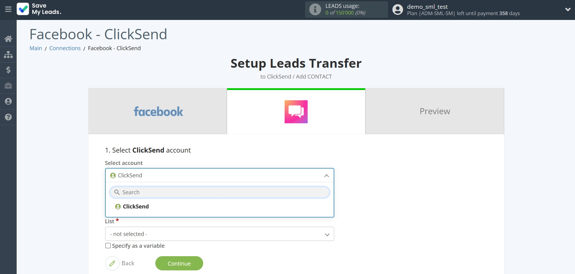 How to Connect Facebook  with ClickSend Add Contacts | Data Destination account selection