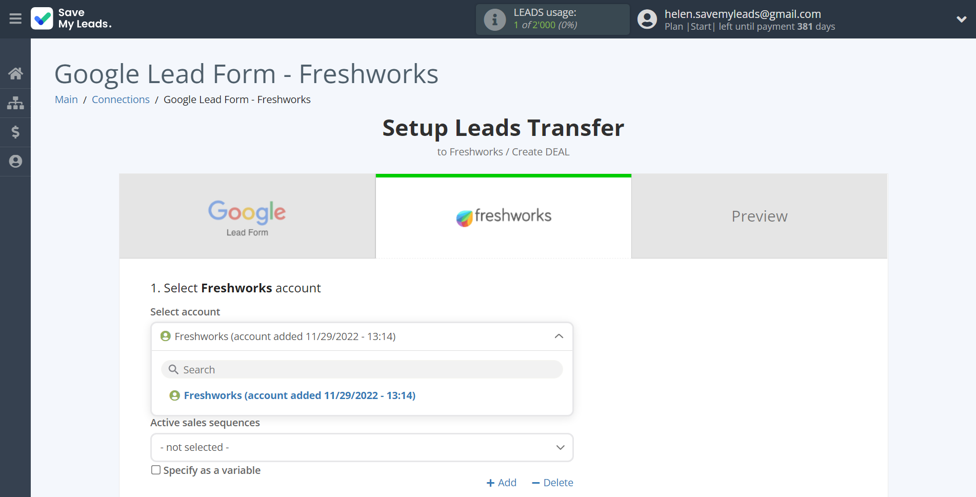 How to Connect Google Lead Form with Freshworks Create Deal | Data Destination account selection