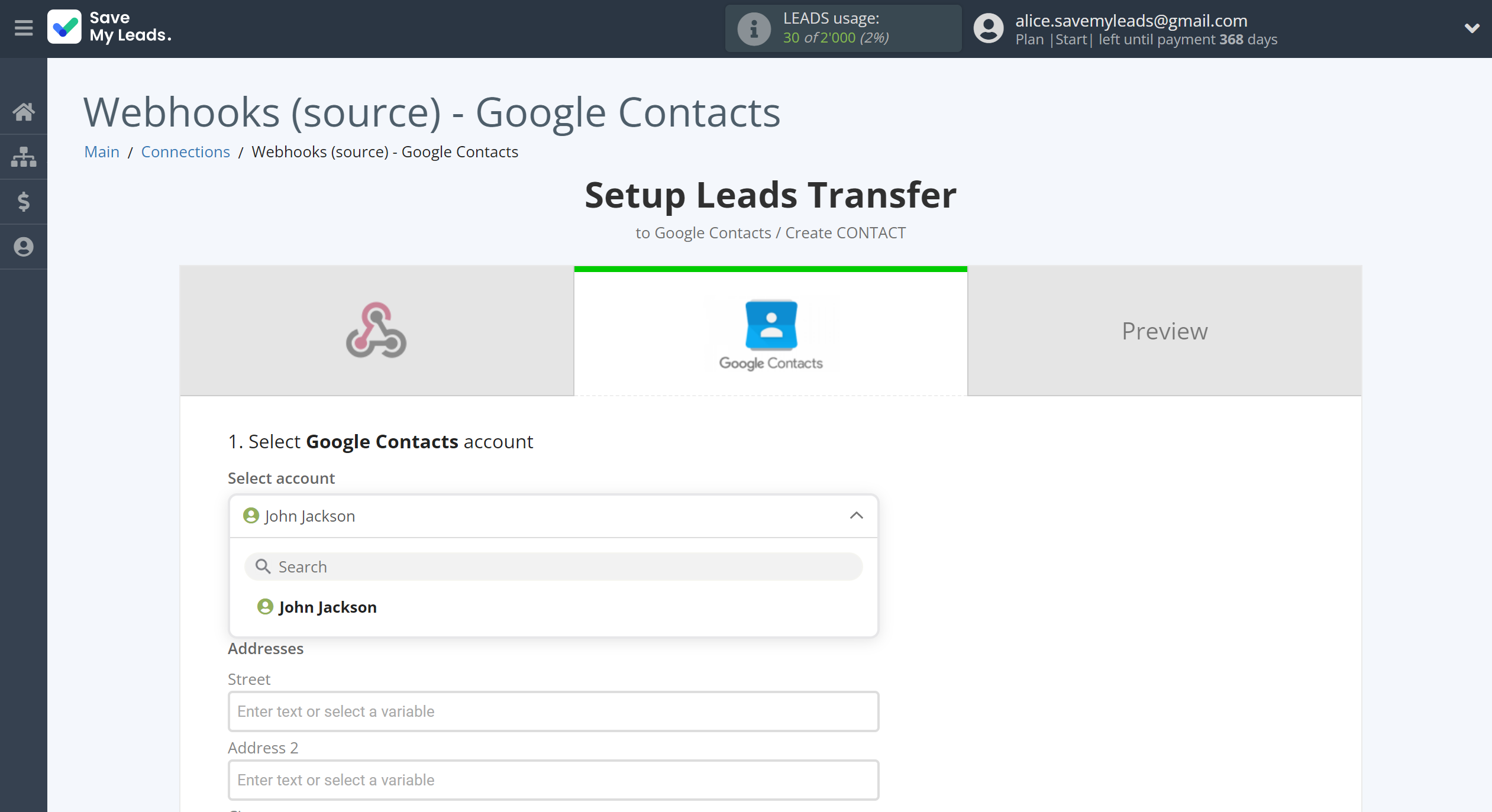 How to Connect Webhooks with Google Contacts | Data Destination account selection