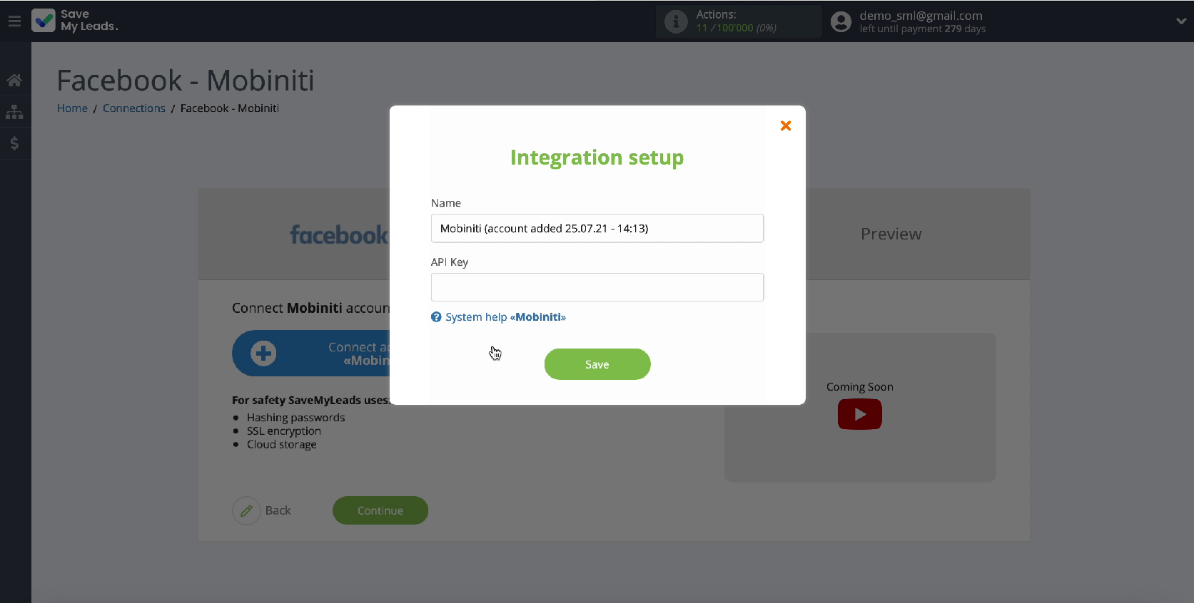 How to Send SMS via Mobiniti from New Facebook Leads | API key input field
