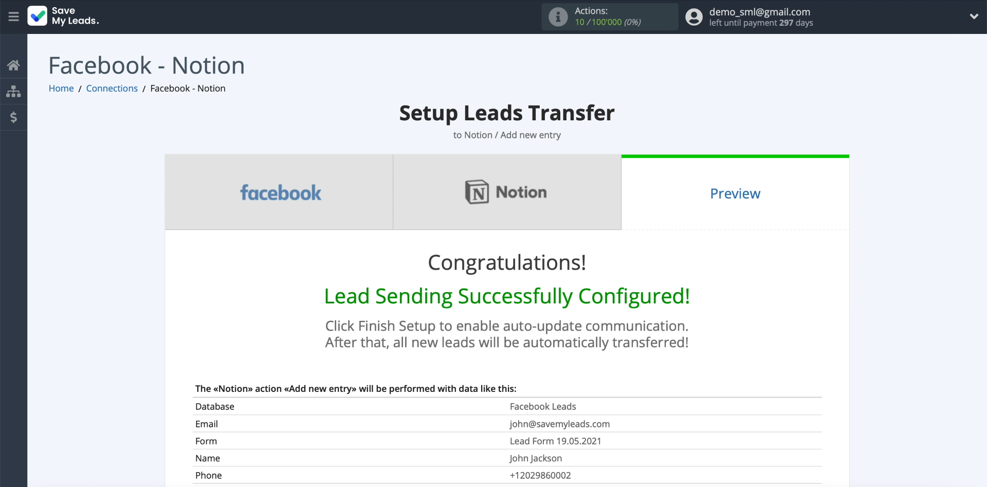 How to set up the upload of new leads from your Facebook ad account to Notion |&nbsp;Example of lead data part 1
