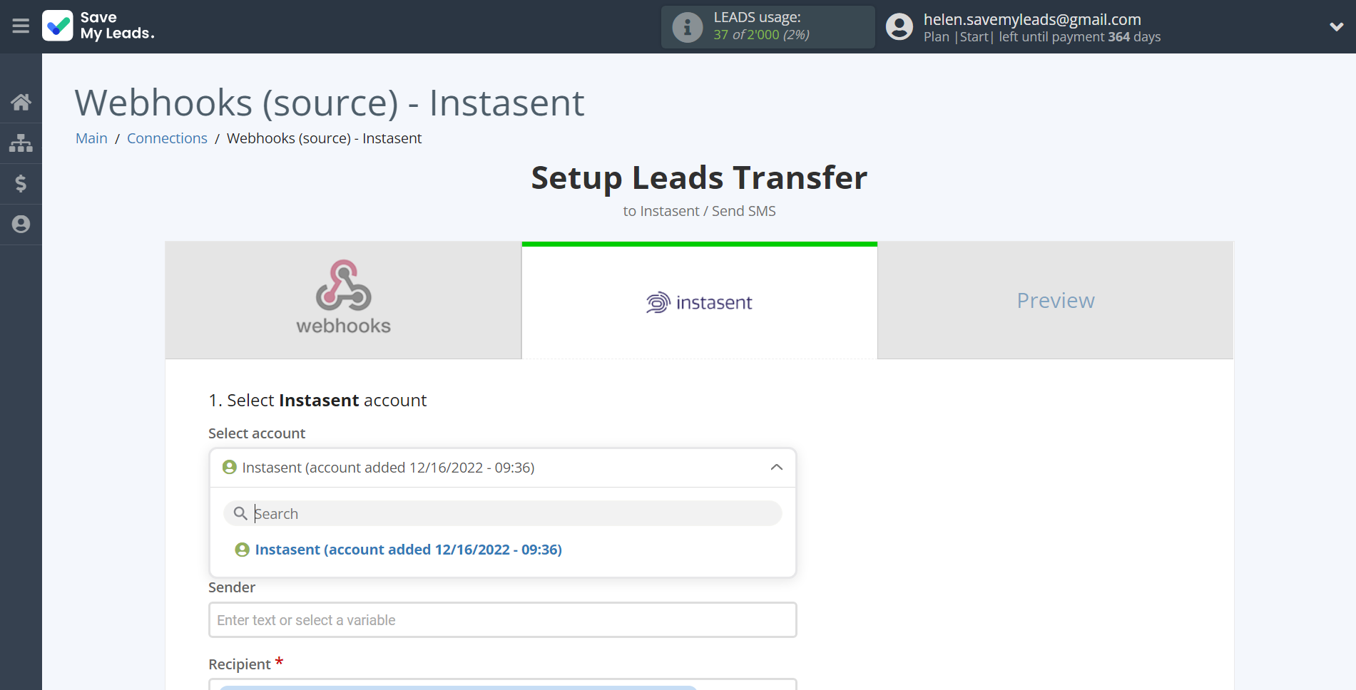 How to Connect Webhooks with Instasent | Data Destination account selection
