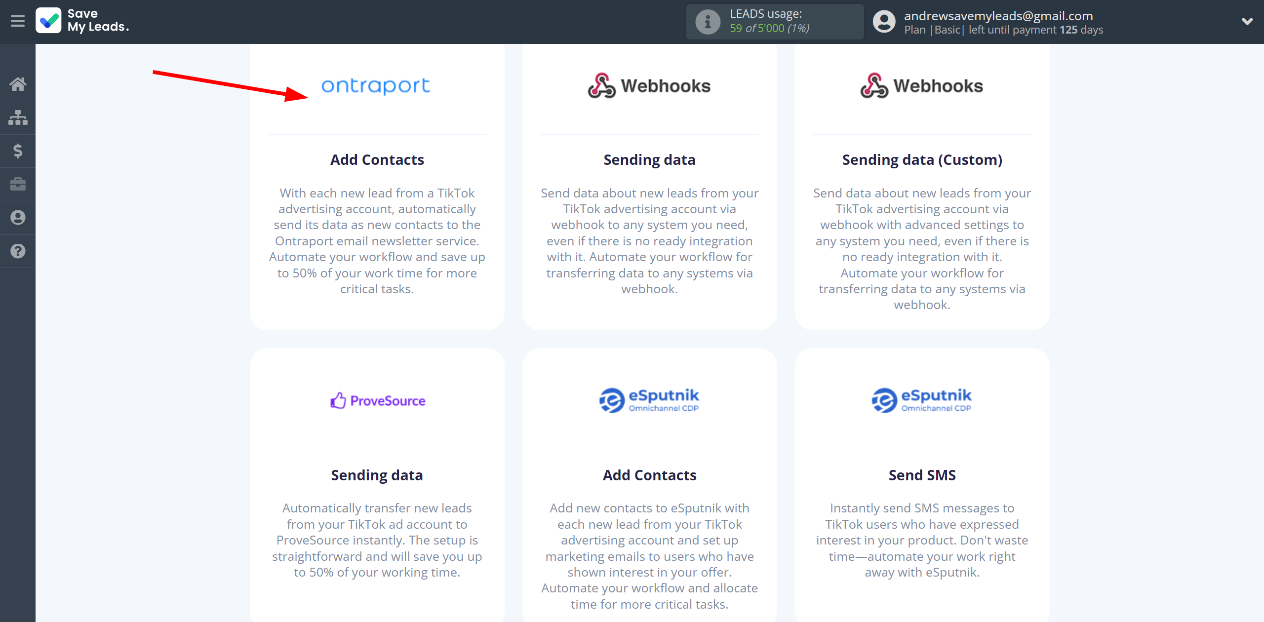 How to Connect TikTok with Ontraport | Data Destination system selection