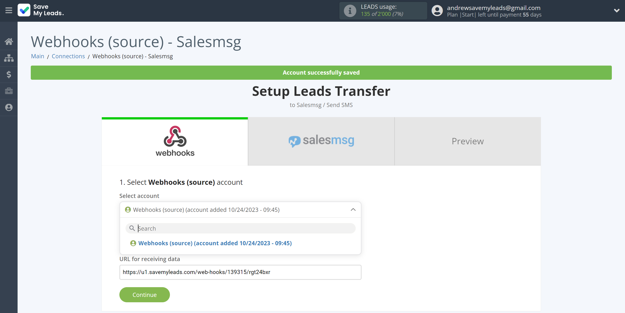 How to Connect Webhooks with Salesmsg | Data Source account selection