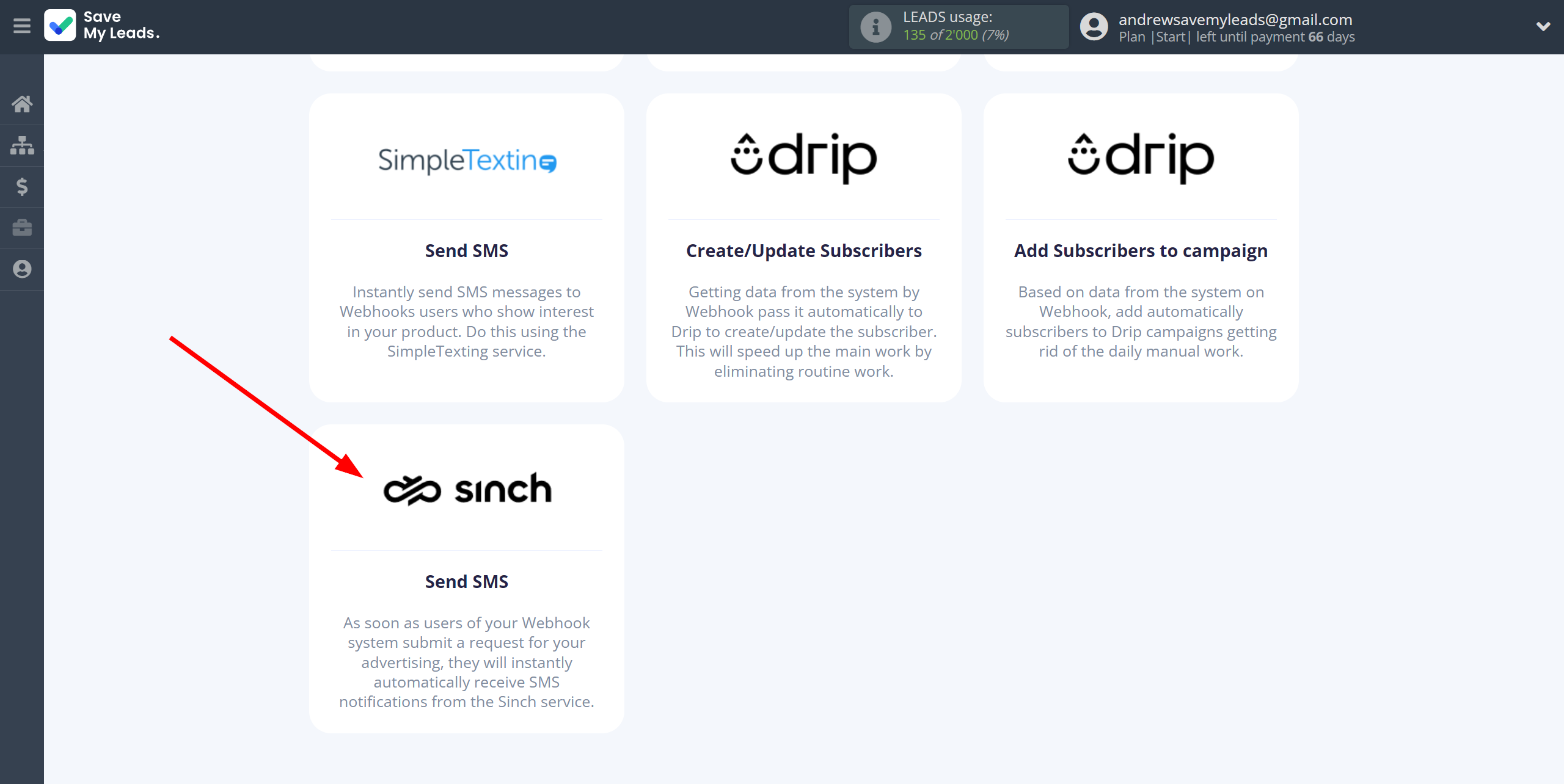 How to Connect Webhooks with Sinch | Data Destination system selection